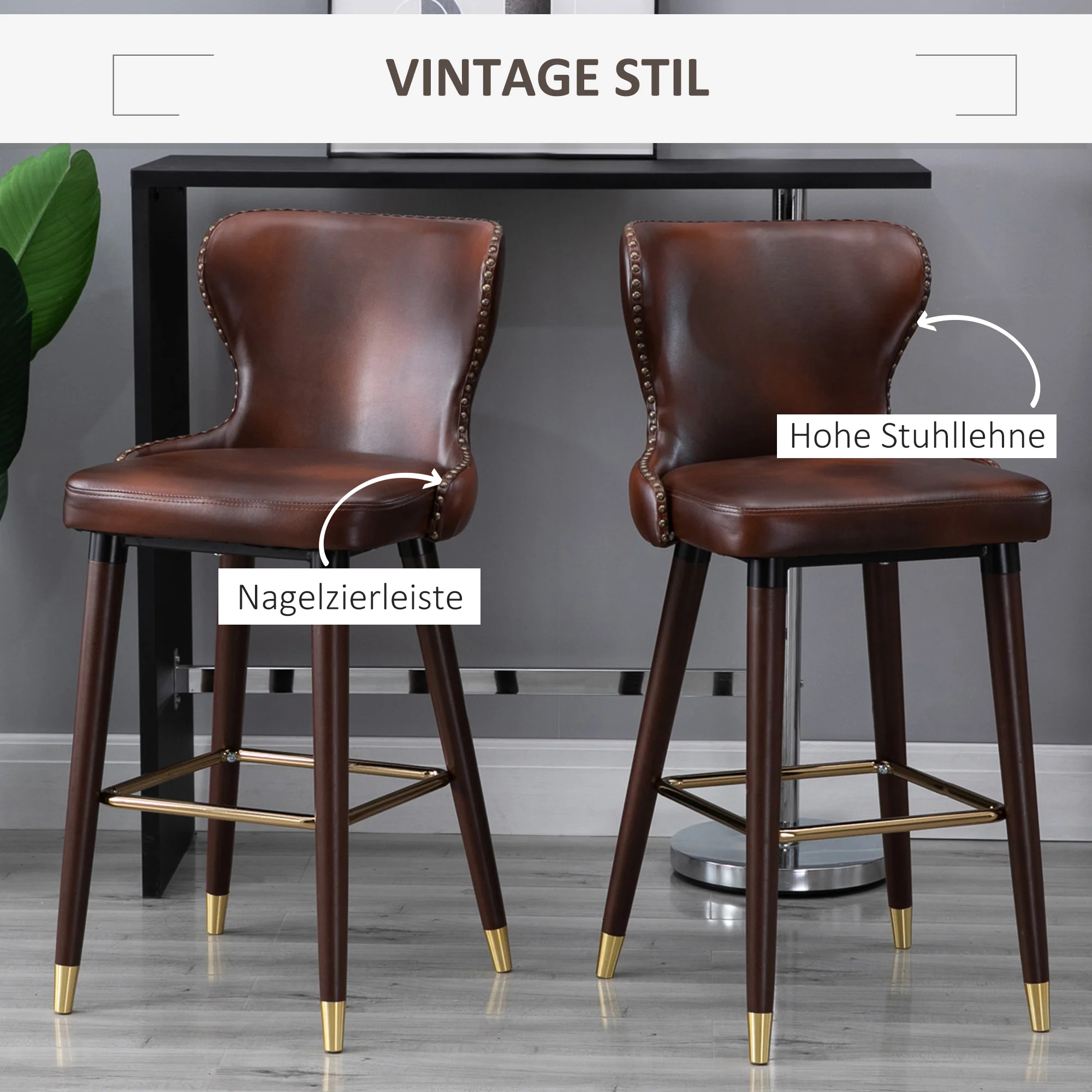 Bar Stool Set of 2, Bistro Chairs Footrest Backrest, PU Brown - Image 4