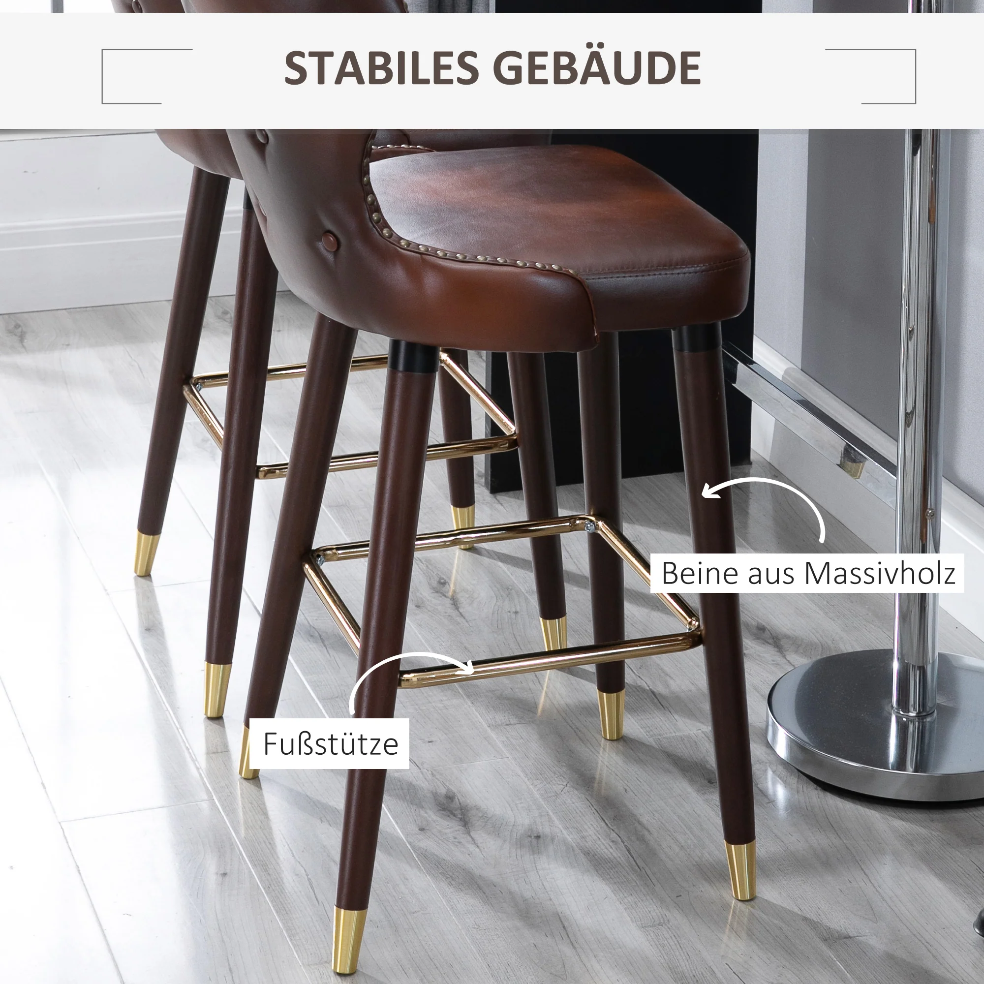 Bar Stool Set of 2, Bistro Chairs Footrest Backrest, PU Brown - Image 5