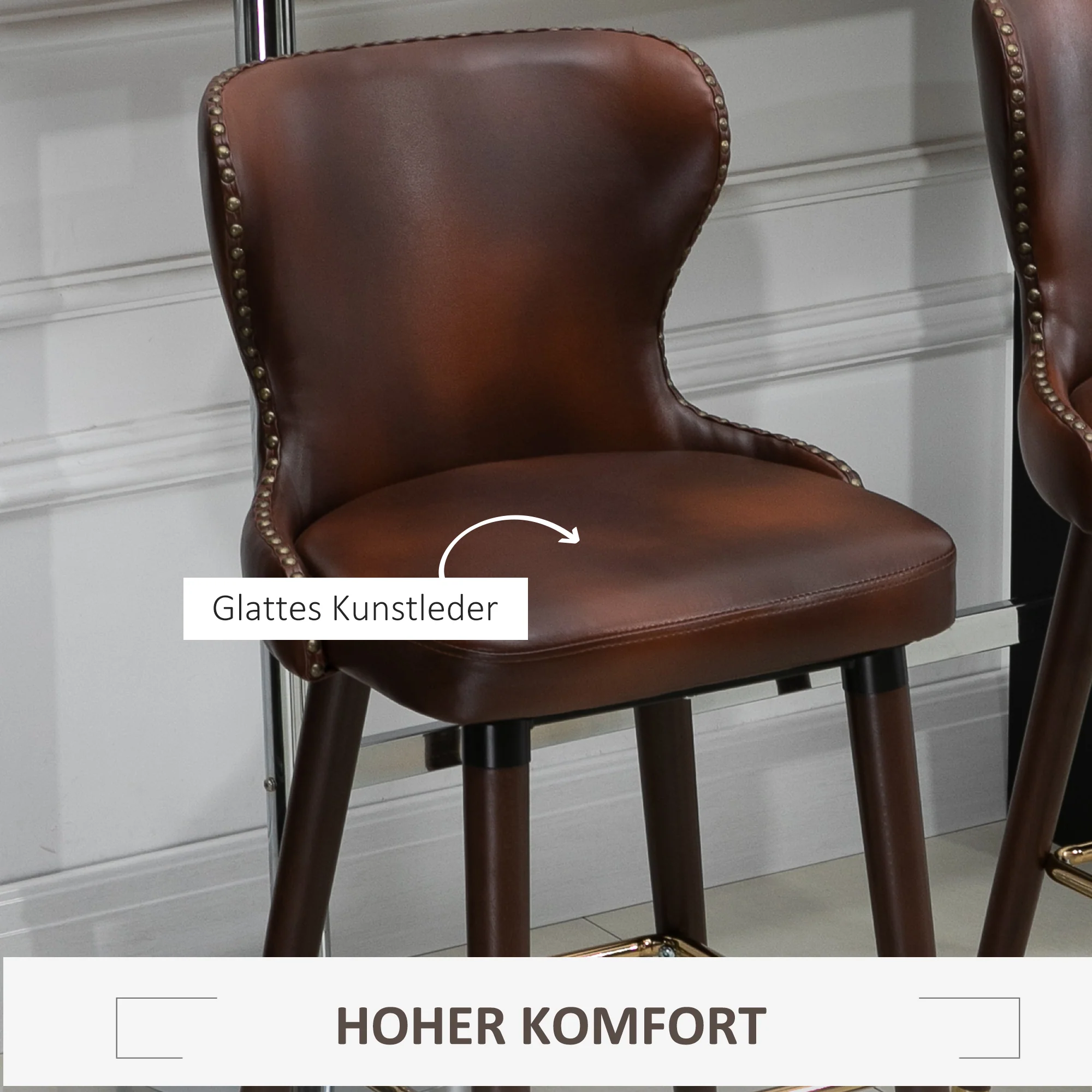 Bar Stool Set of 2, Bistro Chairs Footrest Backrest, PU Brown - Image 6