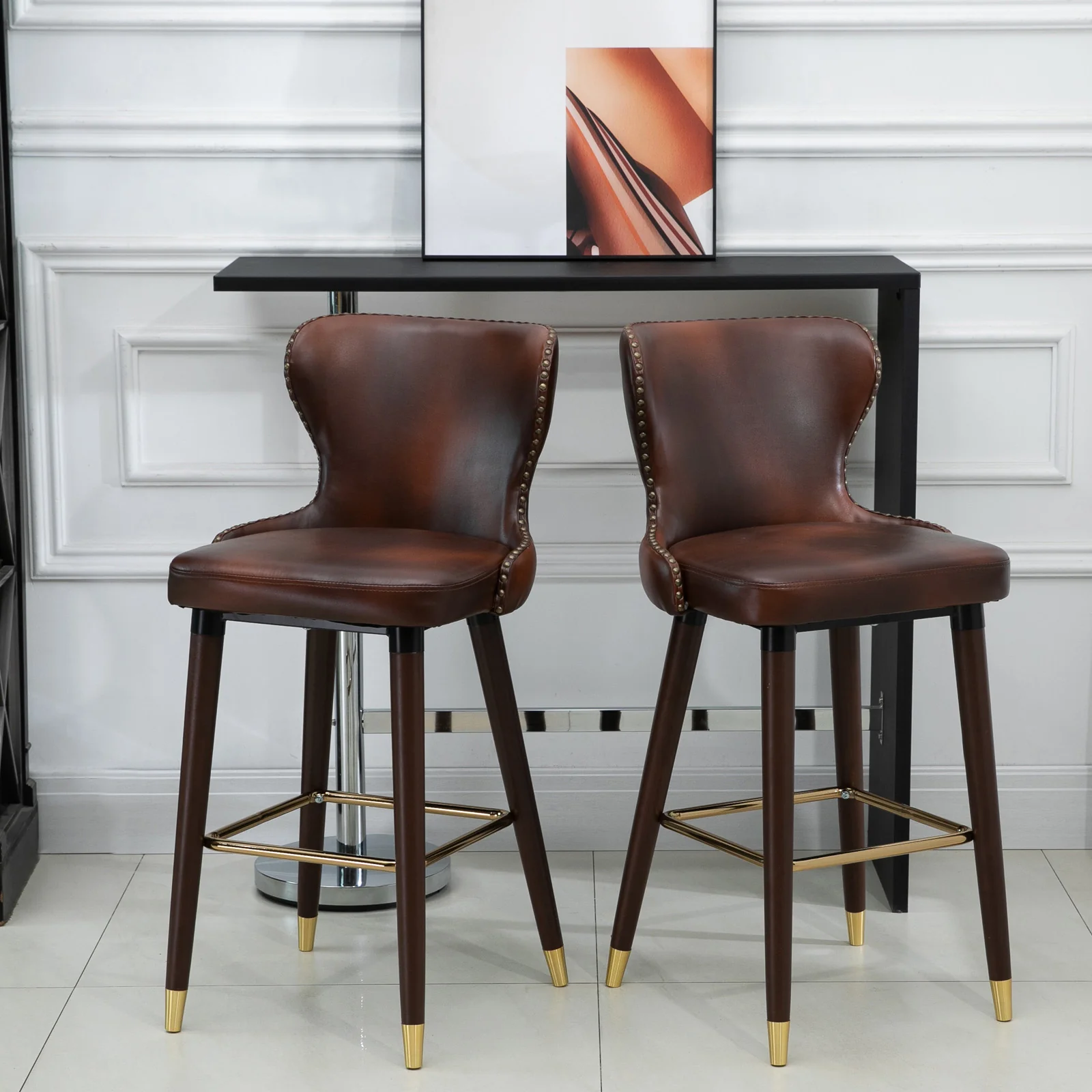 Bar Stool Set of 2, Bistro Chairs Footrest Backrest, PU Brown - Image 7