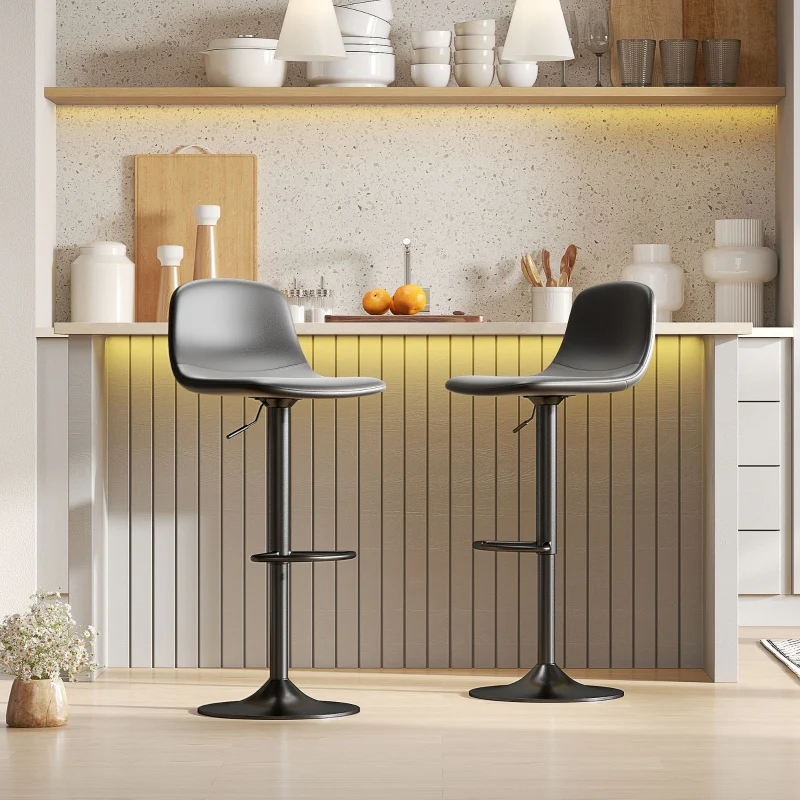 Bar Stool Set of 2, Height-Adjustable Swivel with Backrest & Footrest, Faux Leather, Black - Image 2