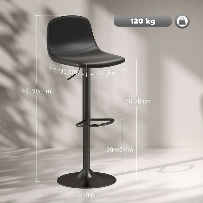 Bar Stool Set of 2, Height-Adjustable Swivel with Backrest & Footrest, Faux Leather, Black - Image 3