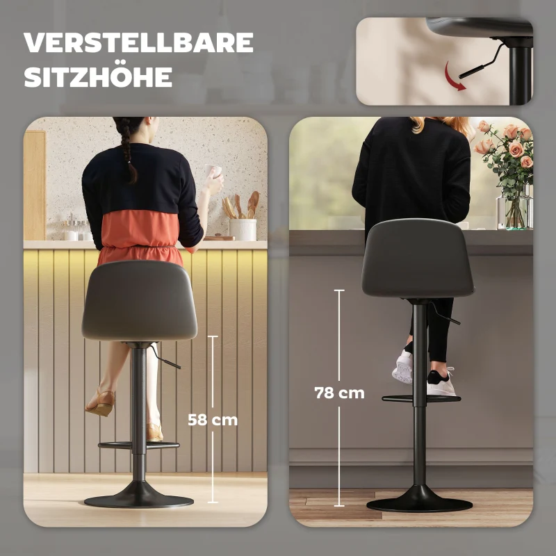 Bar Stool Set of 2, Height-Adjustable Swivel with Backrest & Footrest, Faux Leather, Black - Image 4