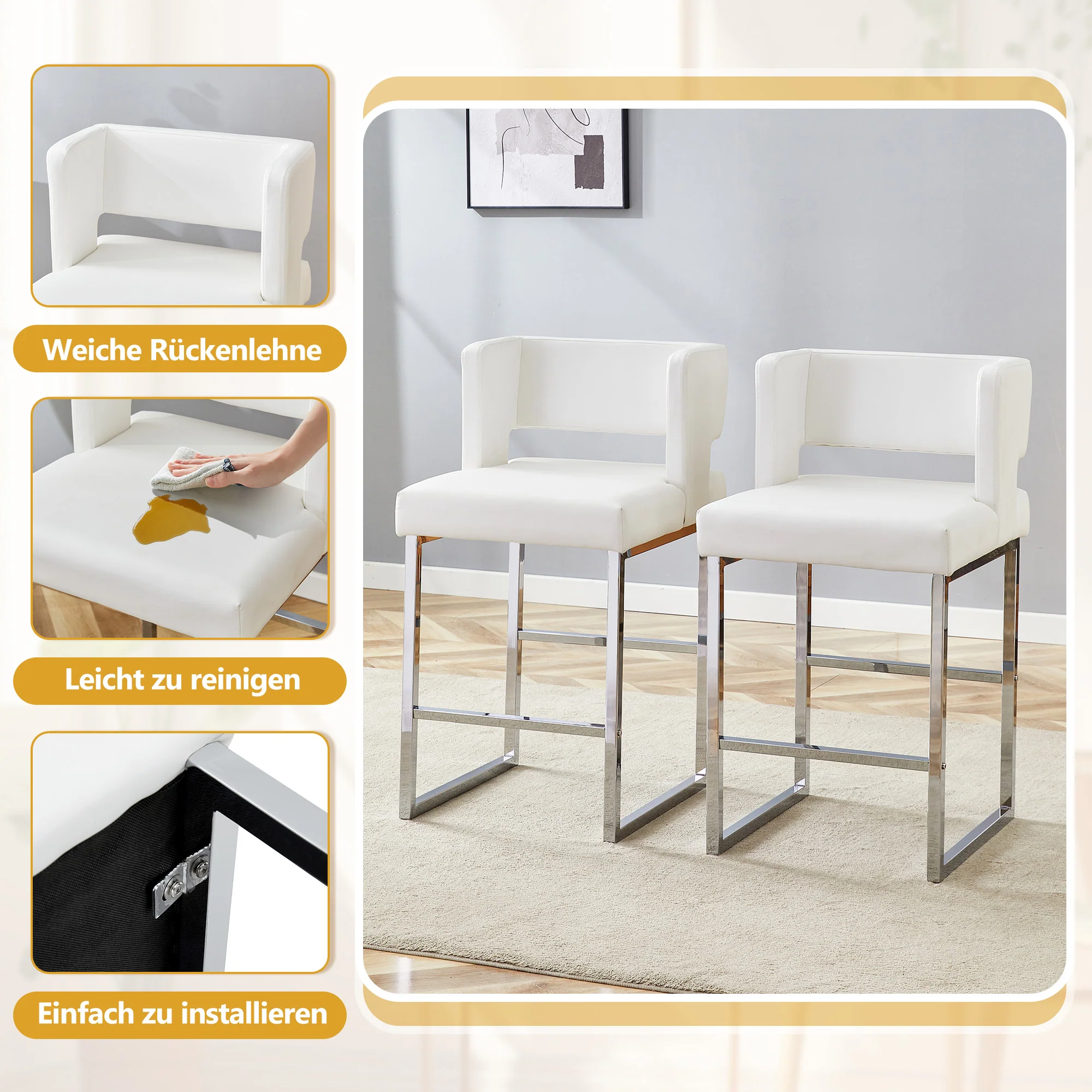 Bar Stools 2-Pack Nordic Style Modern Square Design Silver Metal Legs - Image 6
