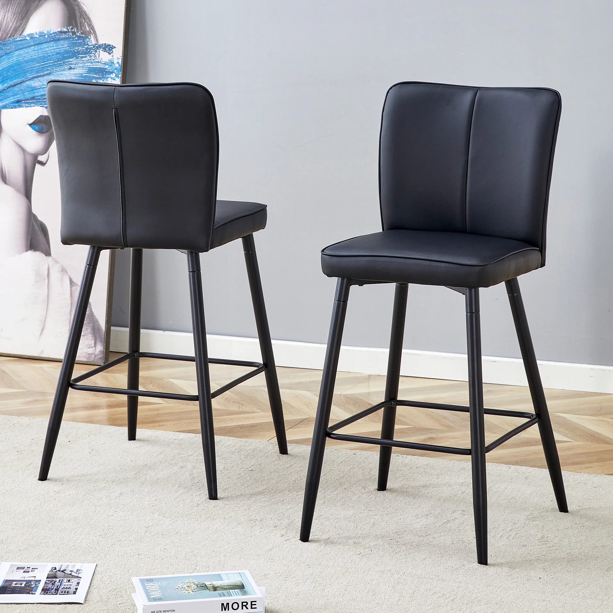 Bar Stools 2-Piece Set 101cm High Ergonomic Backrest Black PU - Image 2
