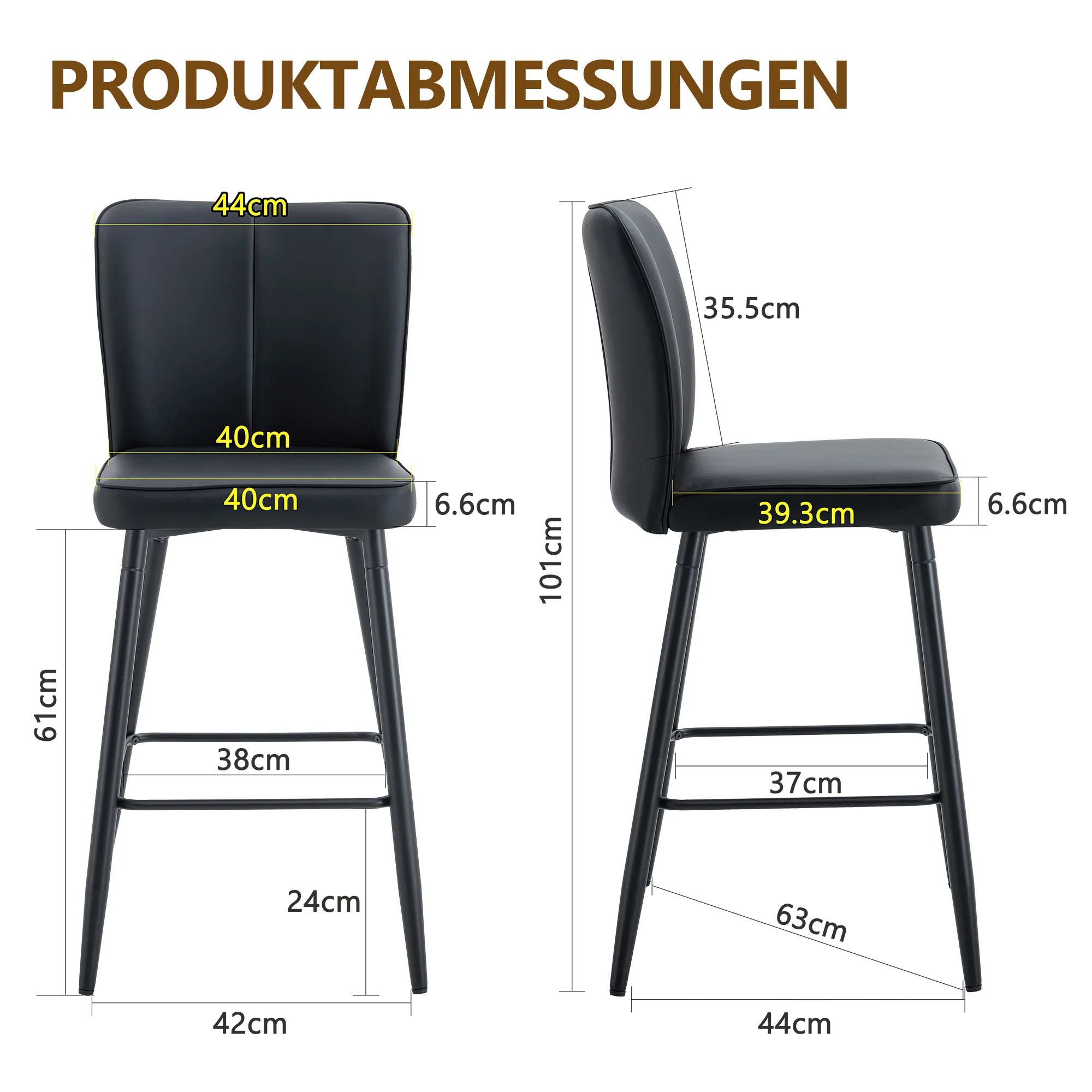 Bar Stools 2-Piece Set 101cm High Ergonomic Backrest Black PU - Image 3