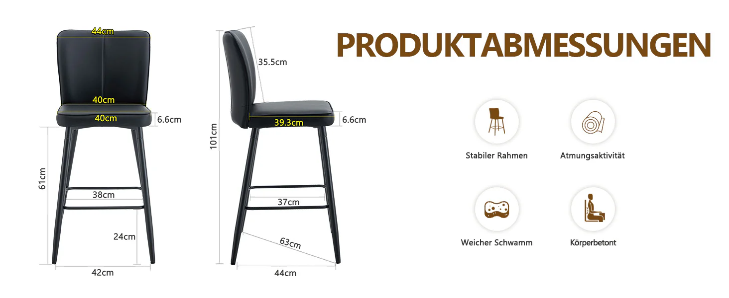 Bar Stools 2-Piece Set 101cm High Ergonomic Backrest Black PU - Image 8