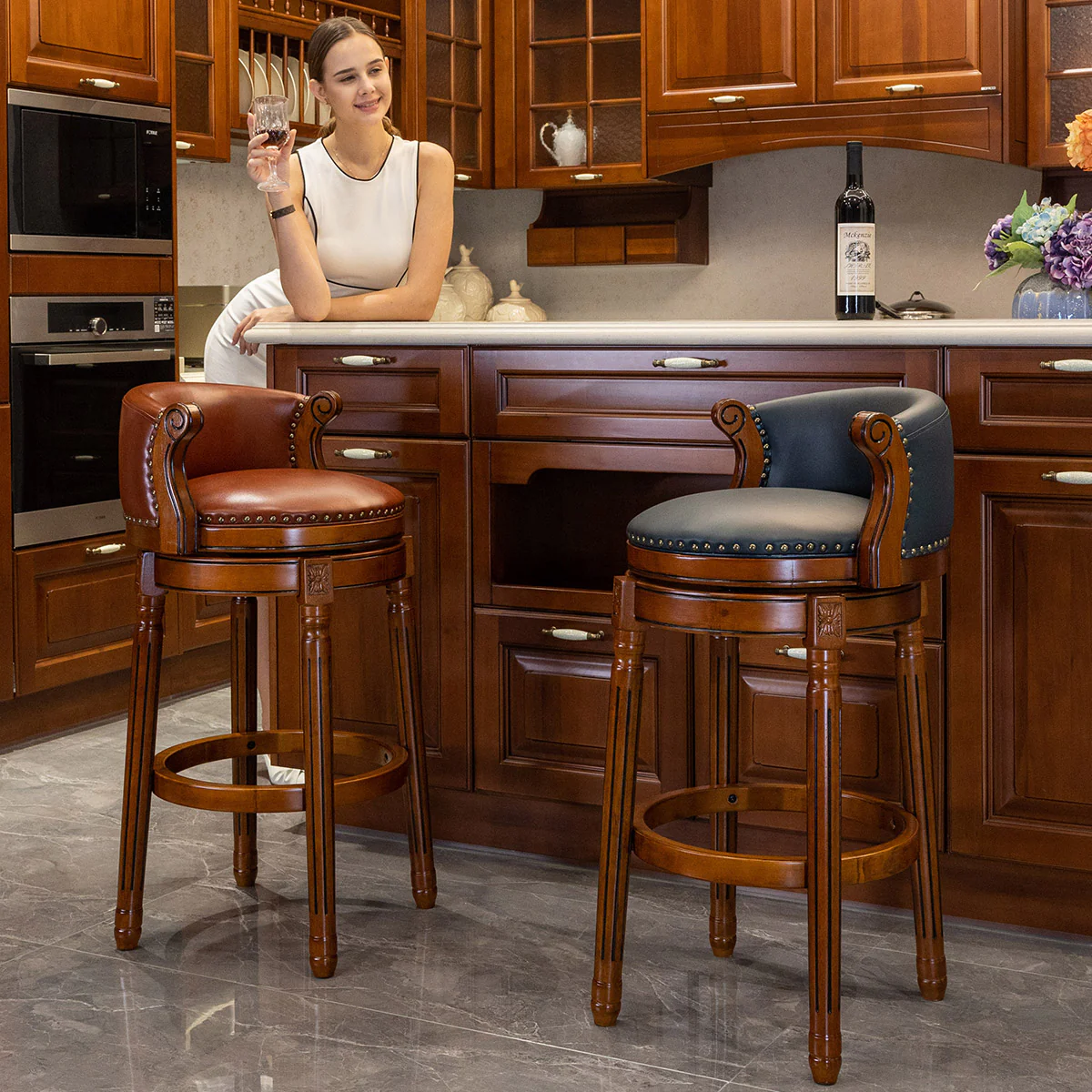 Bar Stools 360° Swivel Counter Height with Backs - Cow Top Leather Wood - Image 3