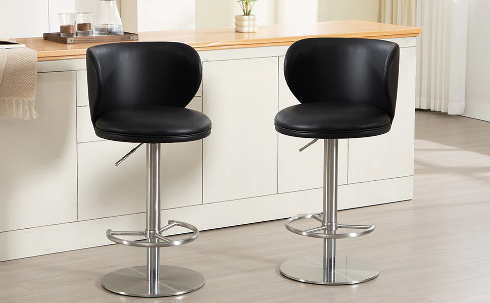 Bar Stools Modern Leather Swivel Adjustable Height Backrest - Black Titanium Stainless Steel - Image 10