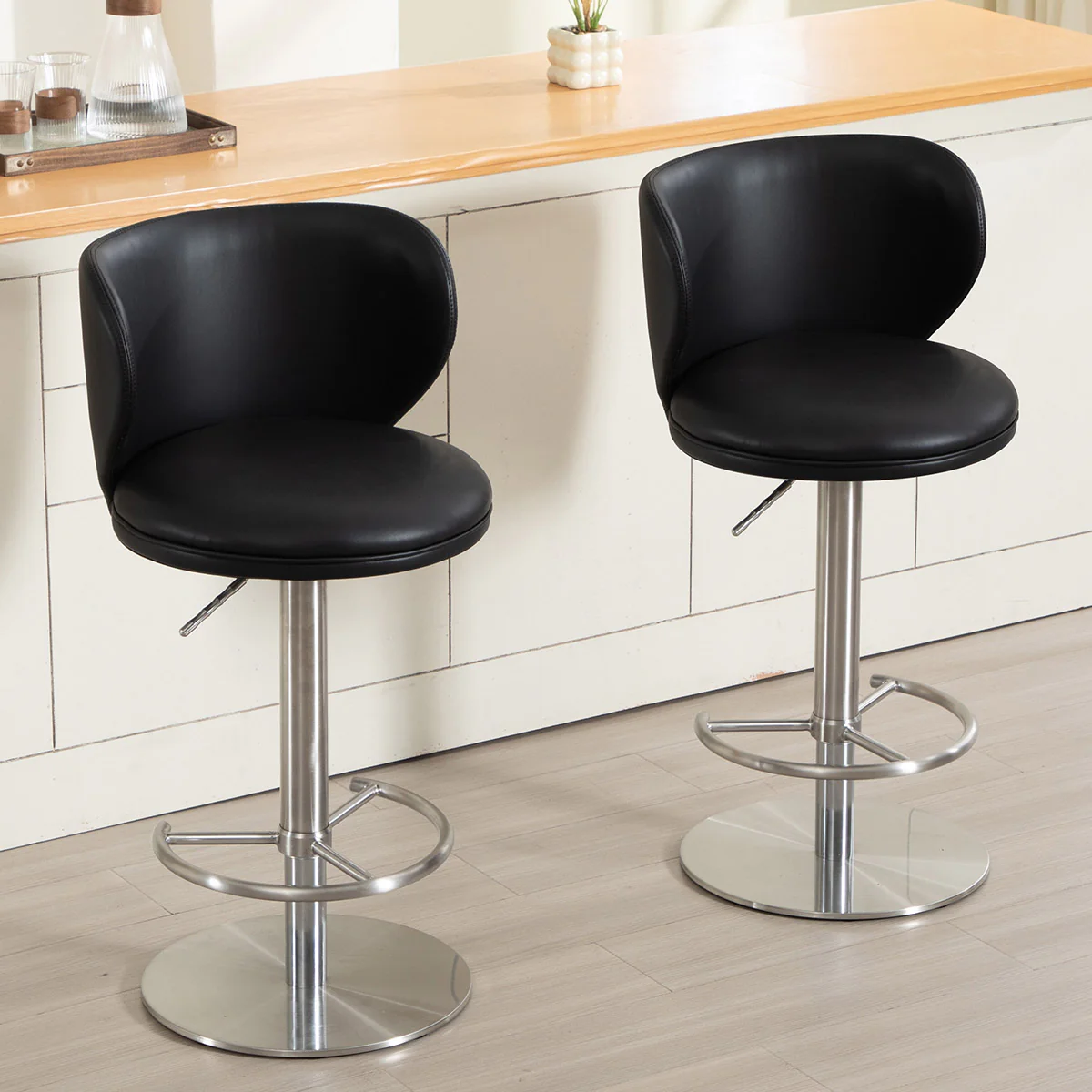 Bar Stools Modern Leather Swivel Adjustable Height Backrest - Black Titanium Stainless Steel - Image 4