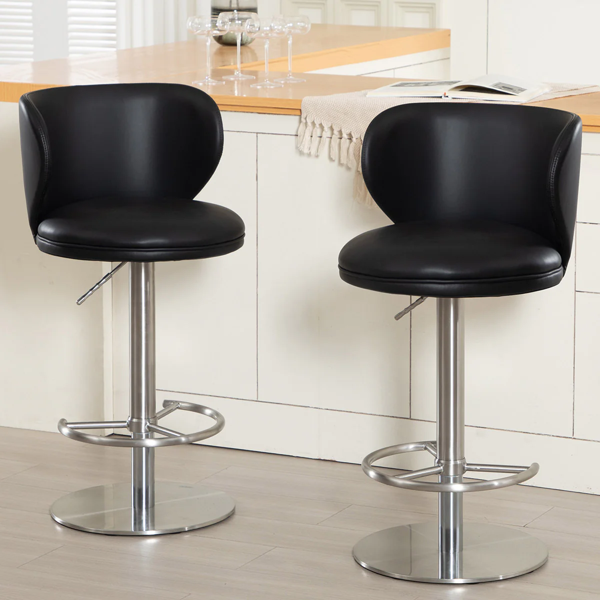 Bar Stools Modern Leather Swivel Adjustable Height Backrest - Black Titanium Stainless Steel - Image 5