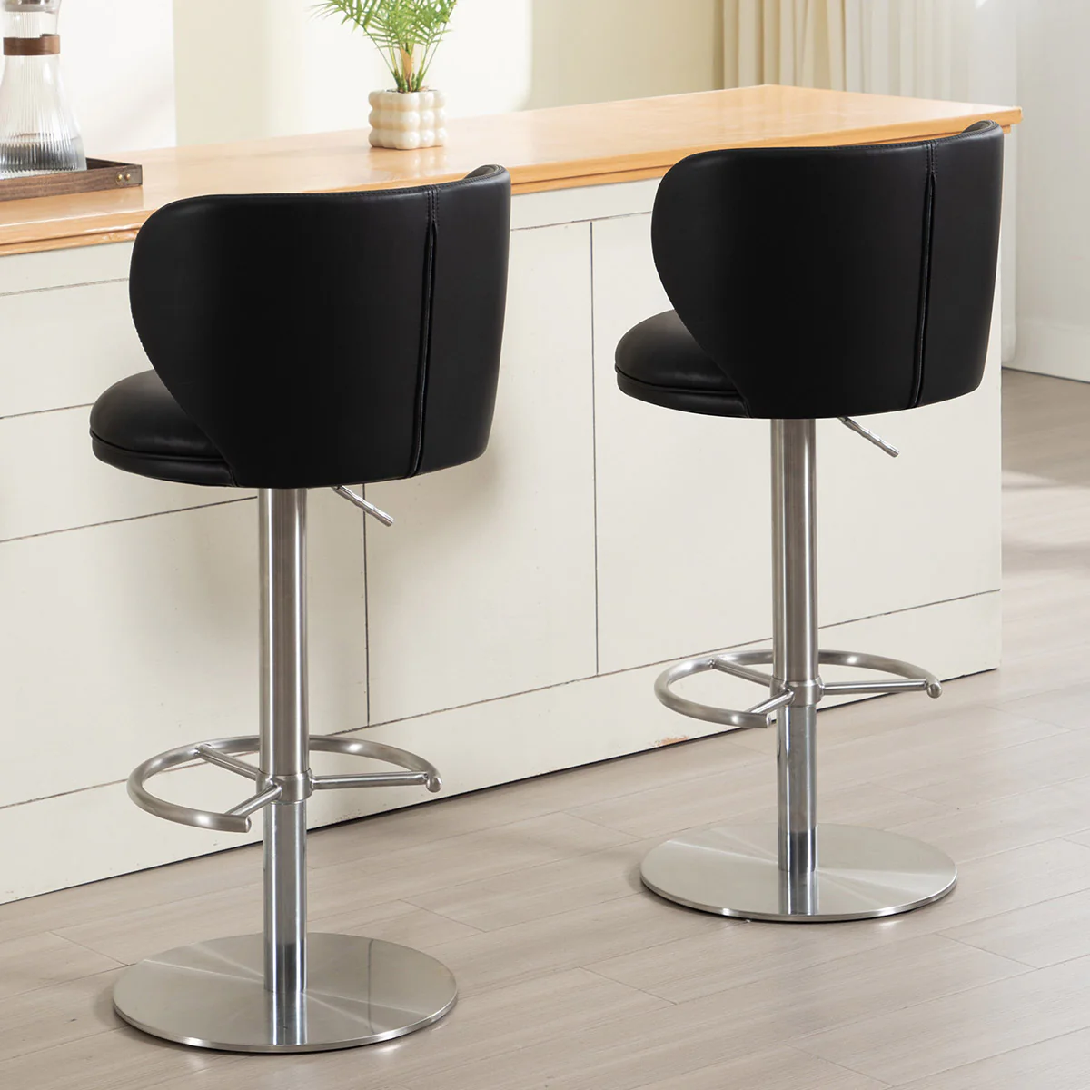Bar Stools Modern Leather Swivel Adjustable Height Backrest - Black Titanium Stainless Steel - Image 6