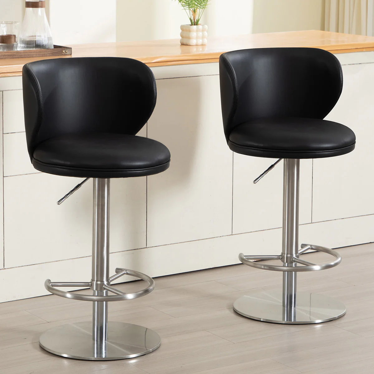 Bar Stools Modern Leather Swivel Adjustable Height Backrest - Black Titanium Stainless Steel - Image 9