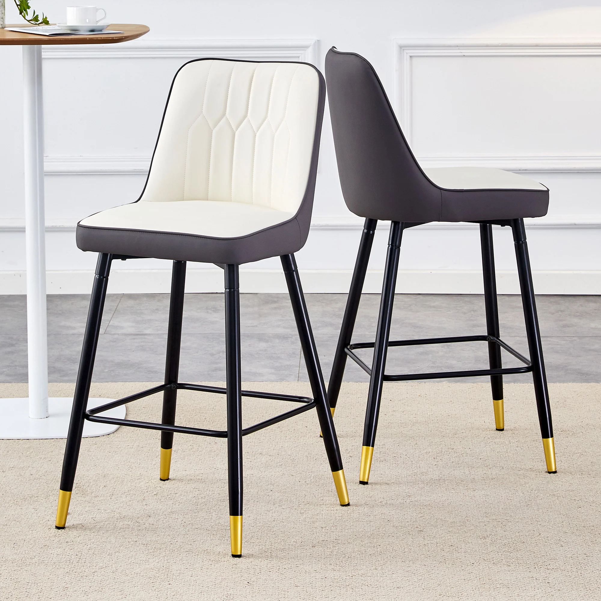 Bar Stools Set of 2, 100cm, Black Metal Frame, Footrest - PU Leather White/Dark Grey