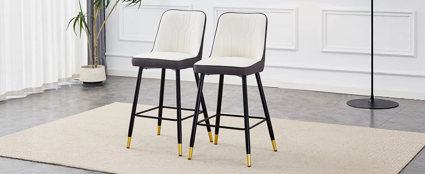 Bar Stools Set of 2, 100cm, Black Metal Frame, Footrest - PU Leather White/Dark Grey - Image 10