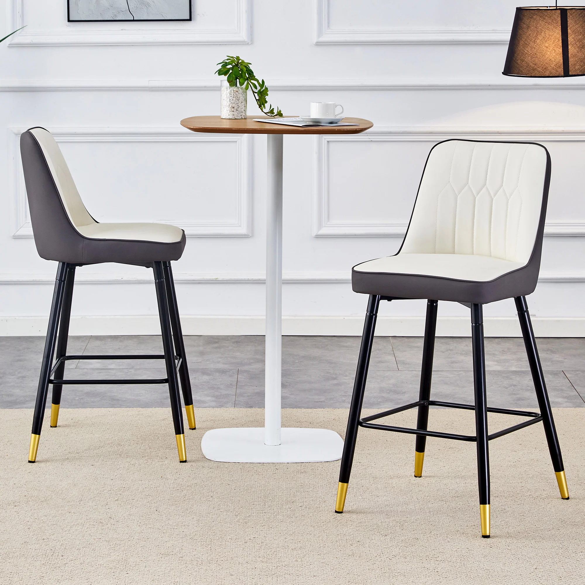 Bar Stools Set of 2, 100cm, Black Metal Frame, Footrest - PU Leather White/Dark Grey - Image 2