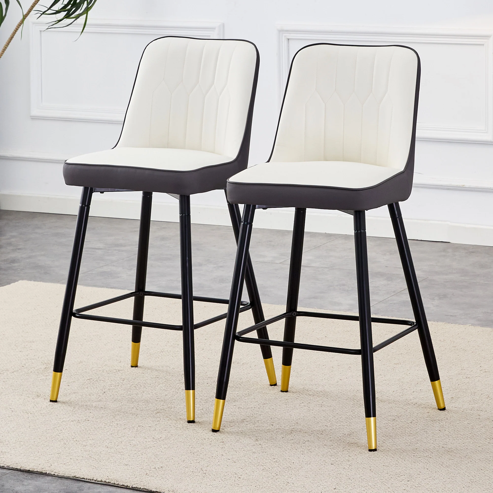Bar Stools Set of 2, 100cm, Black Metal Frame, Footrest - PU Leather White/Dark Grey - Image 3