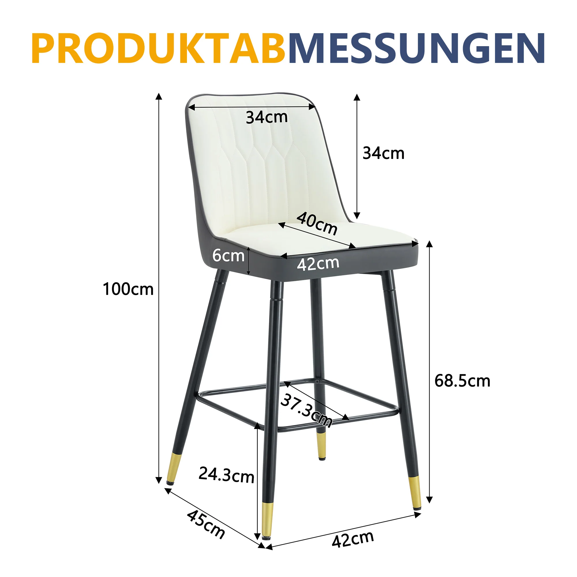 Bar Stools Set of 2, 100cm, Black Metal Frame, Footrest - PU Leather White/Dark Grey - Image 4