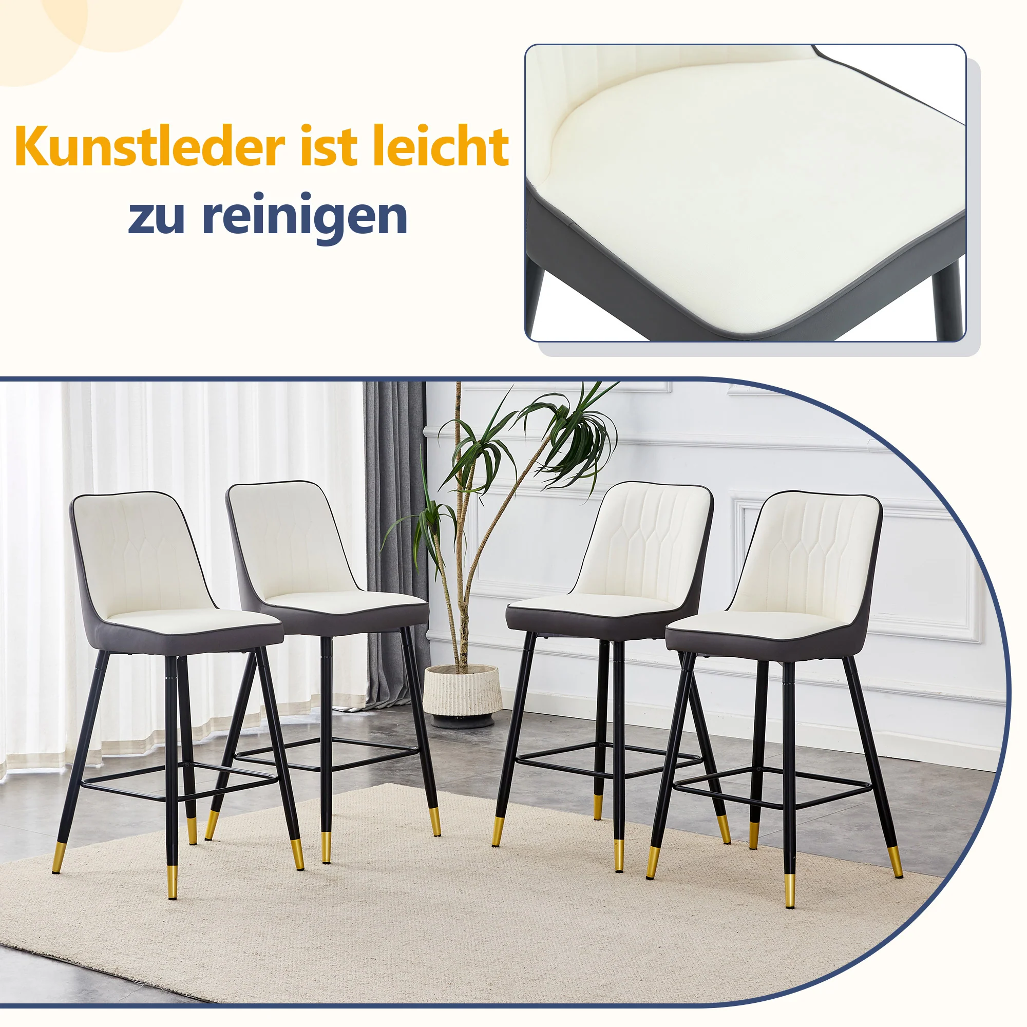 Bar Stools Set of 2, 100cm, Black Metal Frame, Footrest - PU Leather White/Dark Grey - Image 5