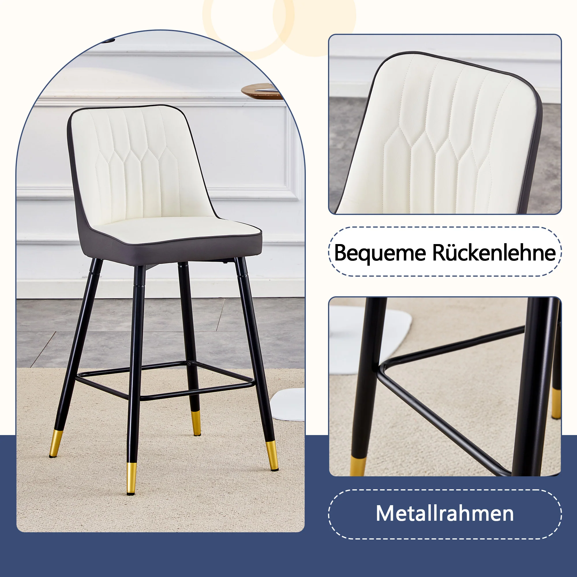 Bar Stools Set of 2, 100cm, Black Metal Frame, Footrest - PU Leather White/Dark Grey - Image 6