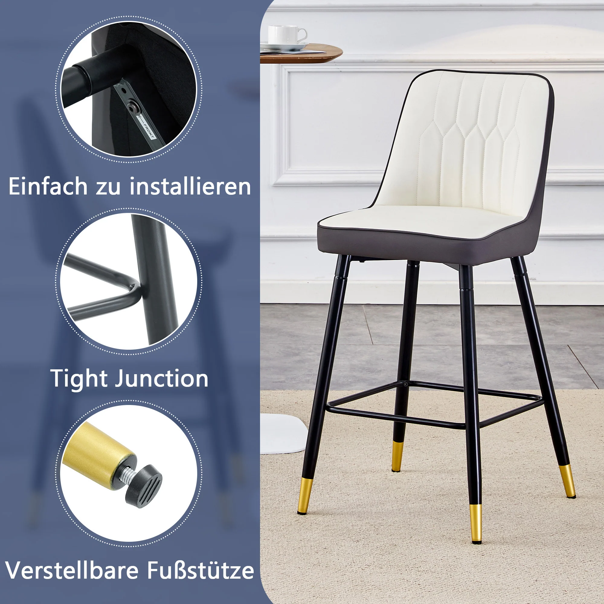 Bar Stools Set of 2, 100cm, Black Metal Frame, Footrest - PU Leather White/Dark Grey - Image 7