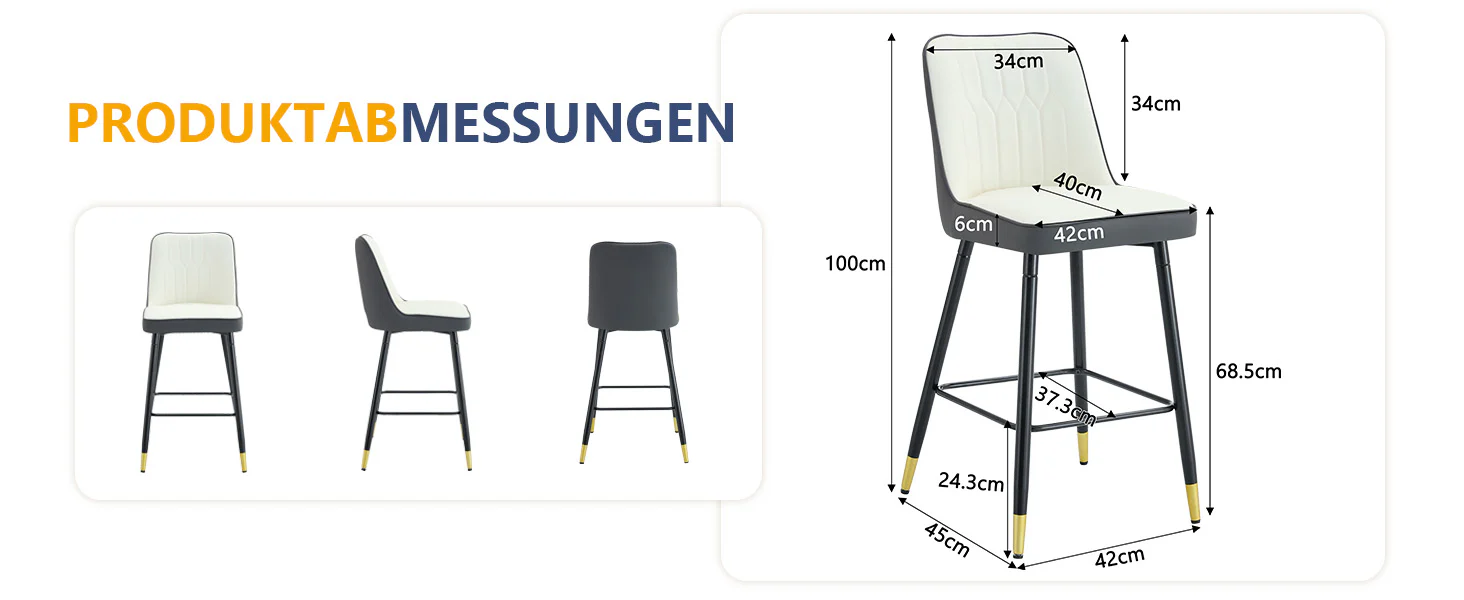 Bar Stools Set of 2, 100cm, Black Metal Frame, Footrest - PU Leather White/Dark Grey - Image 9