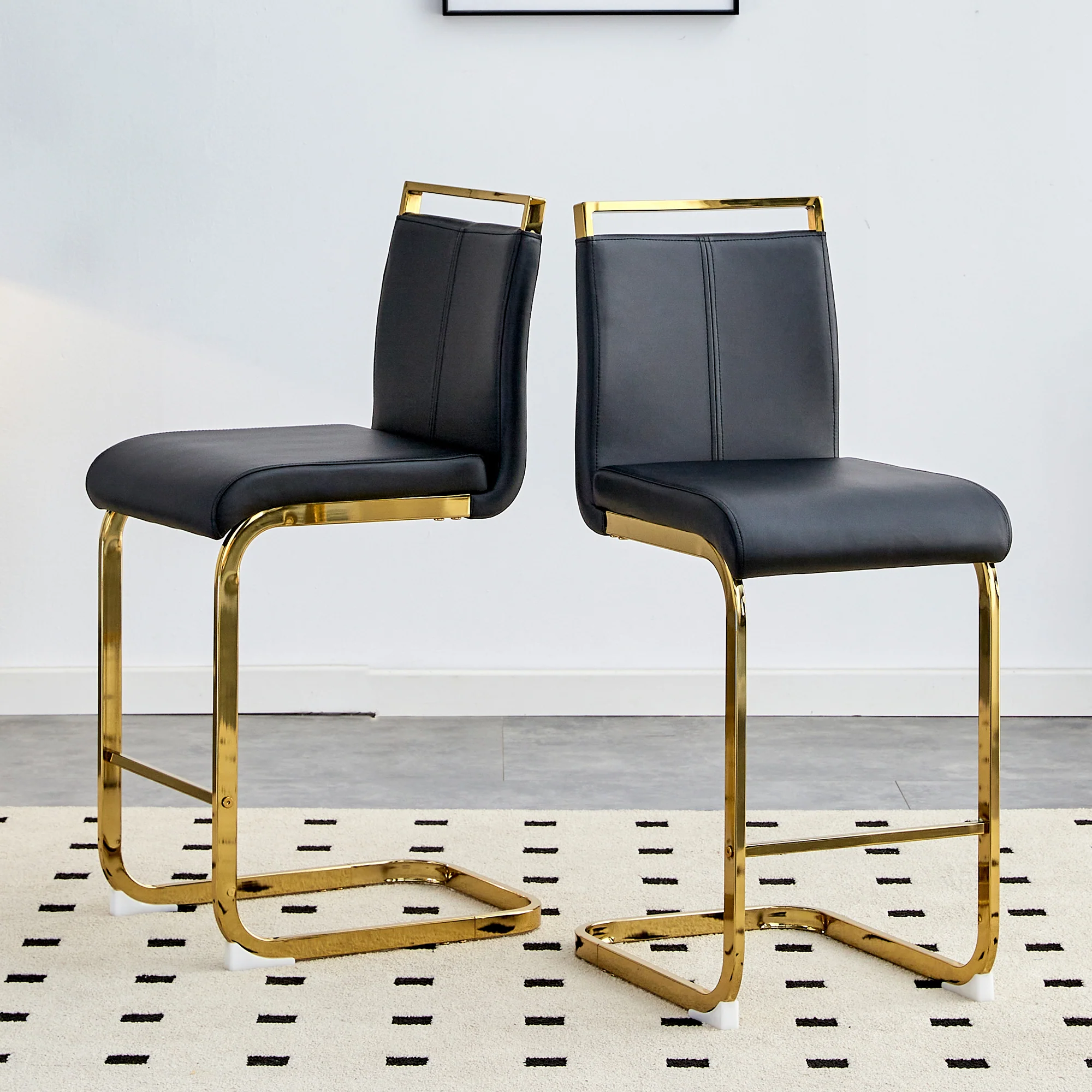Bar Stools Set of 2 Nordic Style Gold Metal Legs - Black Faux Leather - Image 2