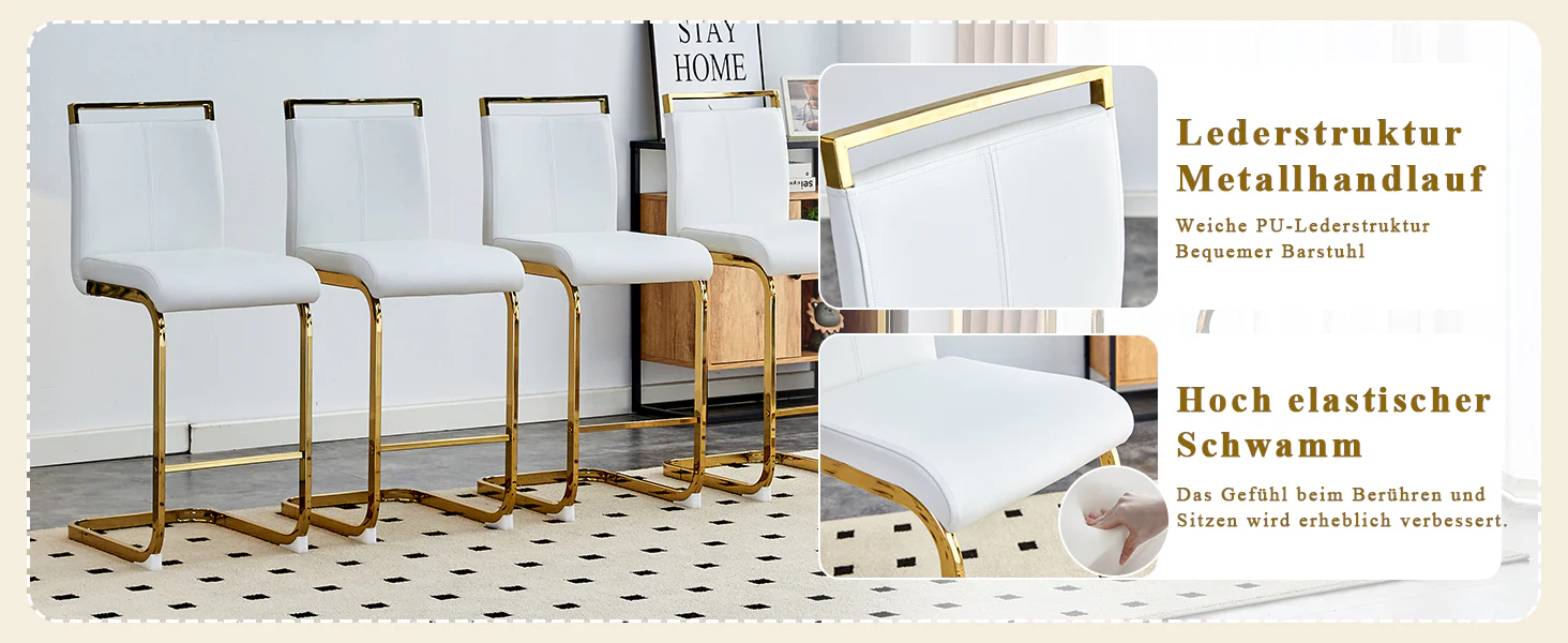 Bar Stools Set of 2 Nordic Style Gold Metal Legs - White Faux Leather - Image 10