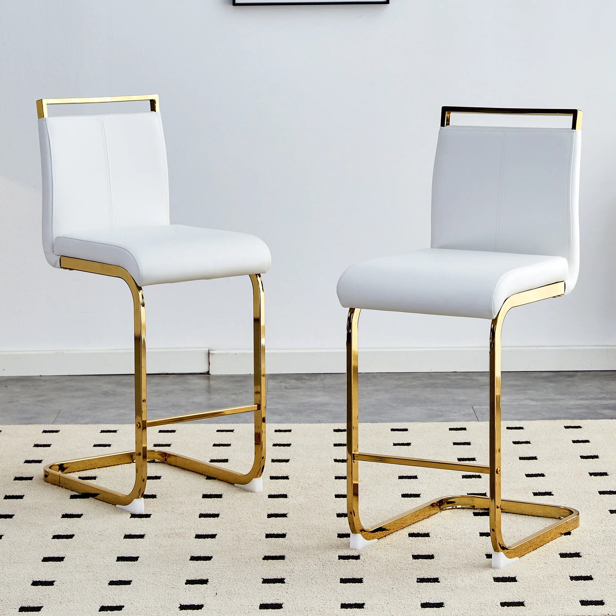 Bar Stools Set of 2 Nordic Style Gold Metal Legs - White Faux Leather - Image 2