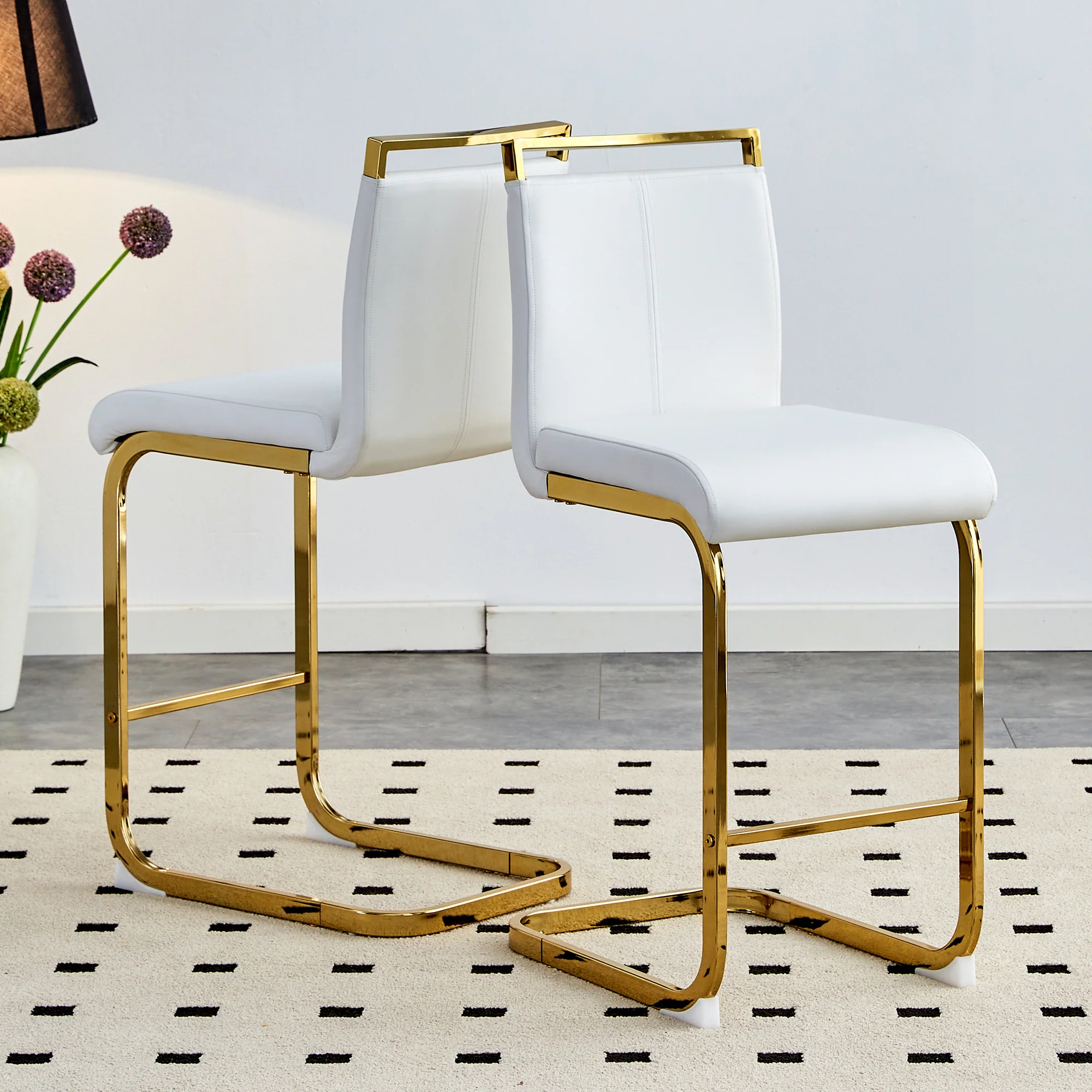 Bar Stools Set of 2 Nordic Style Gold Metal Legs - White Faux Leather - Image 3