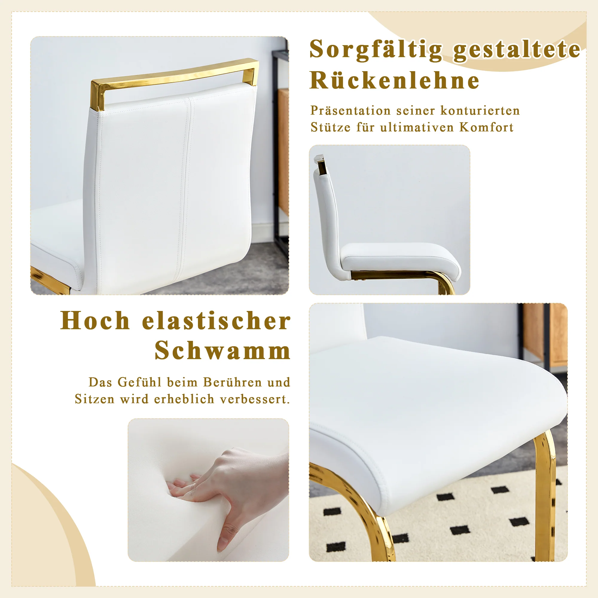 Bar Stools Set of 2 Nordic Style Gold Metal Legs - White Faux Leather - Image 5