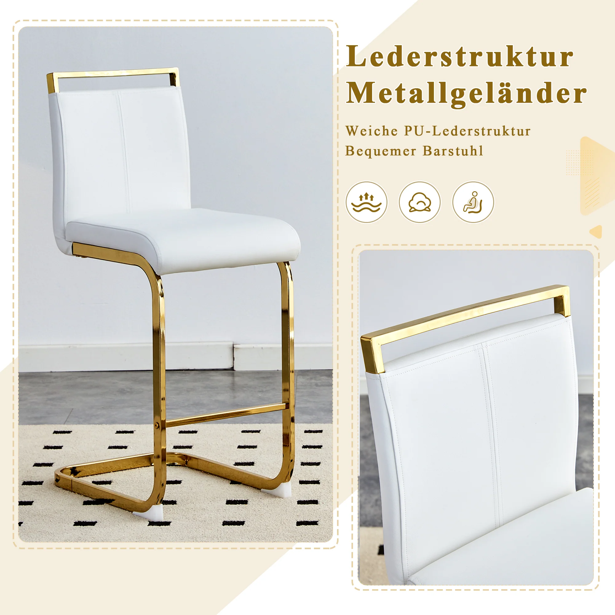 Bar Stools Set of 2 Nordic Style Gold Metal Legs - White Faux Leather - Image 6