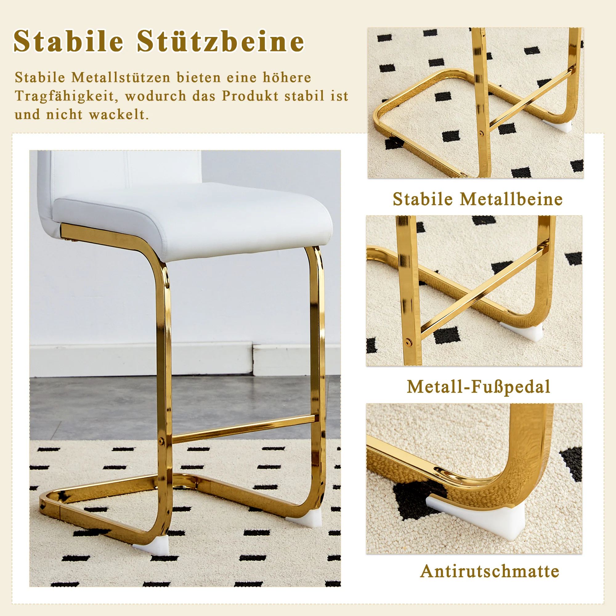 Bar Stools Set of 2 Nordic Style Gold Metal Legs - White Faux Leather - Image 7