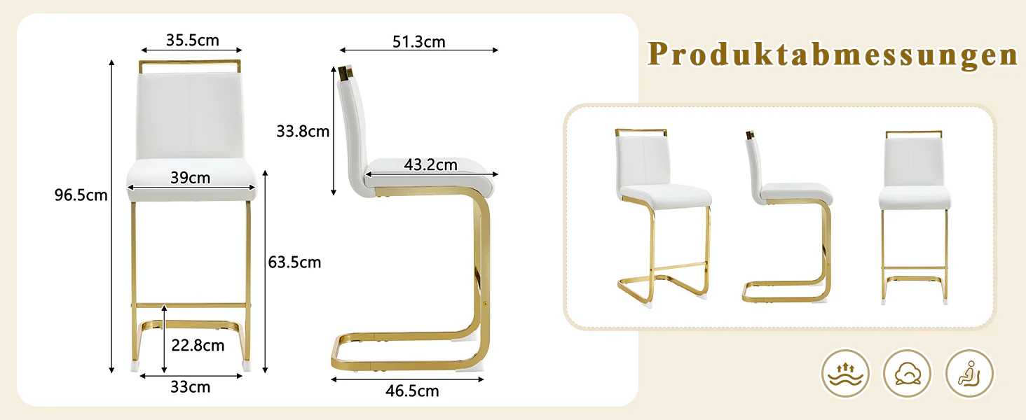 Bar Stools Set of 2 Nordic Style Gold Metal Legs - White Faux Leather - Image 8