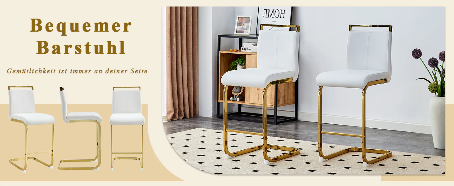 Bar Stools Set of 2 Nordic Style Gold Metal Legs - White Faux Leather - Image 9