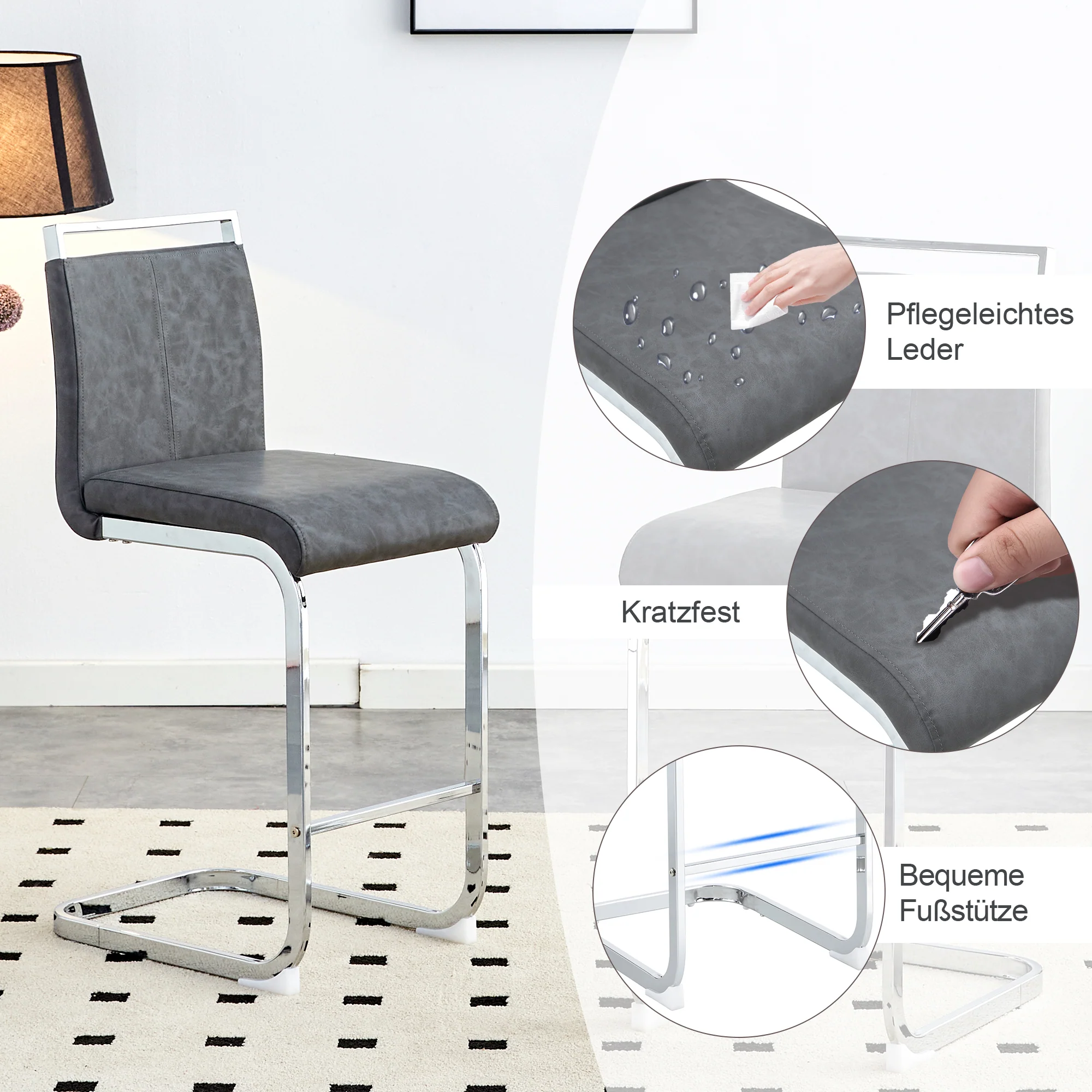 Bar Stools (Set of 2) Nordic Style High-Quality - Grey PU - Image 5