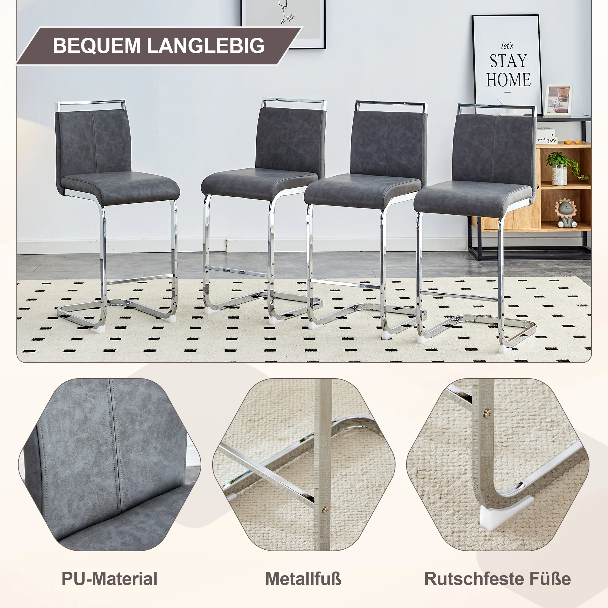 Bar Stools (Set of 2) Nordic Style High-Quality - Grey PU - Image 6