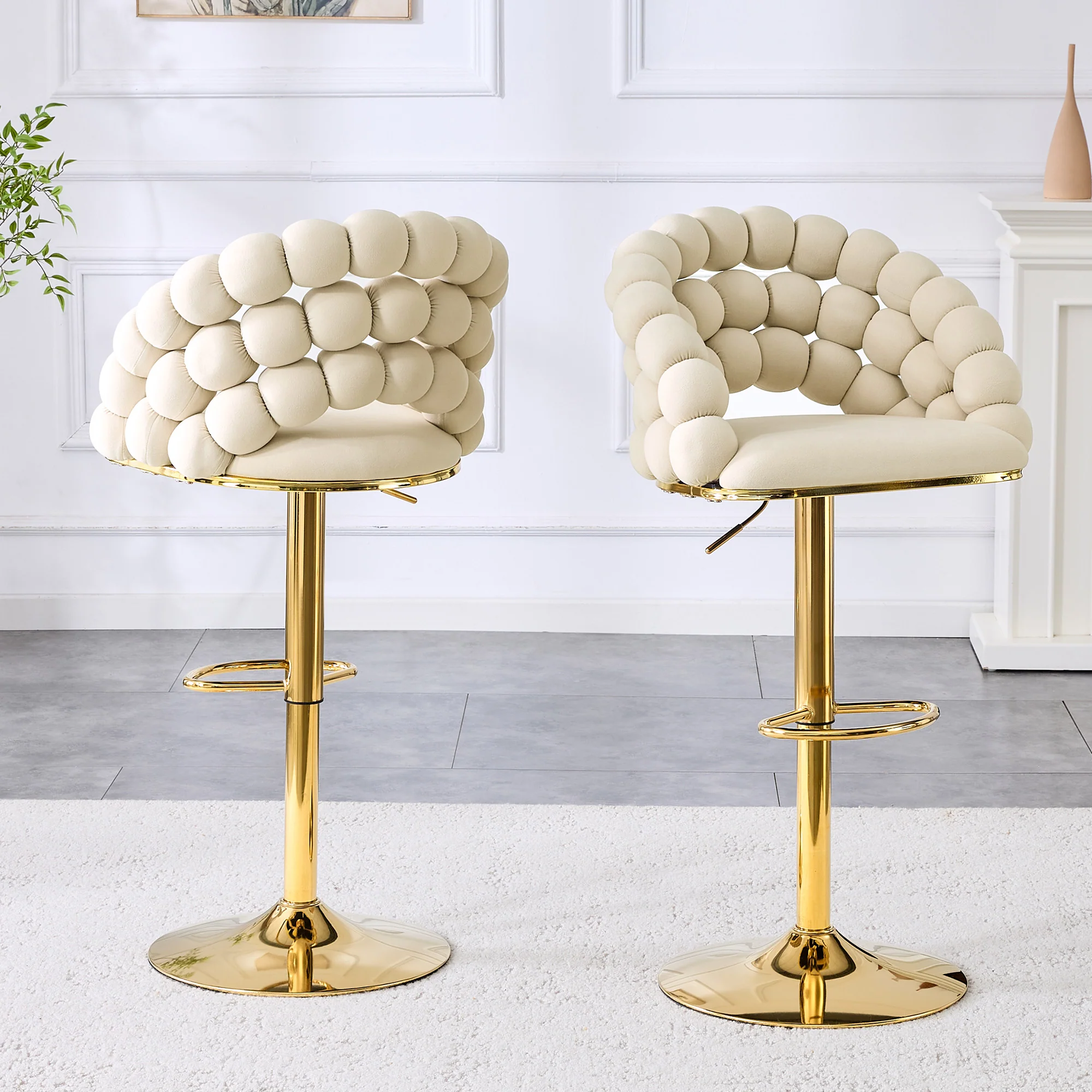 Bar Stools Set of 2 Velvet Ball Chain Backrest Adjustable Frame - Cream-White