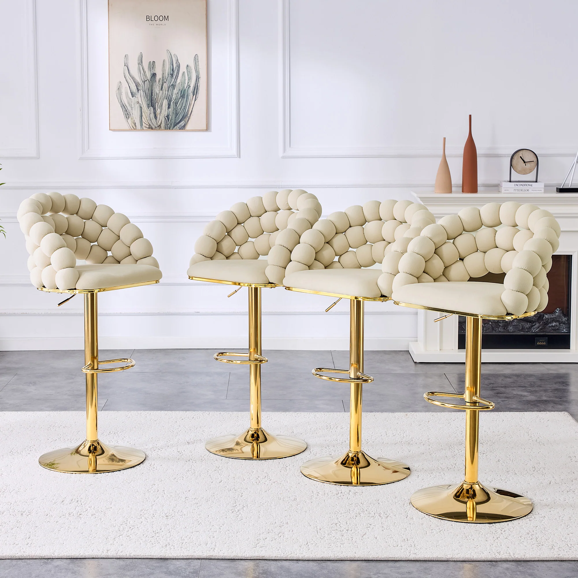 Bar Stools Set of 2 Velvet Ball Chain Backrest Adjustable Frame - Cream-White - Image 10