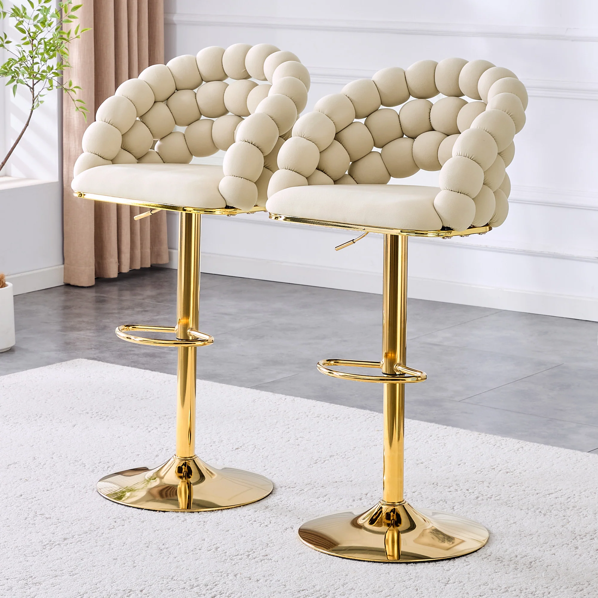 Bar Stools Set of 2 Velvet Ball Chain Backrest Adjustable Frame - Cream-White - Image 2
