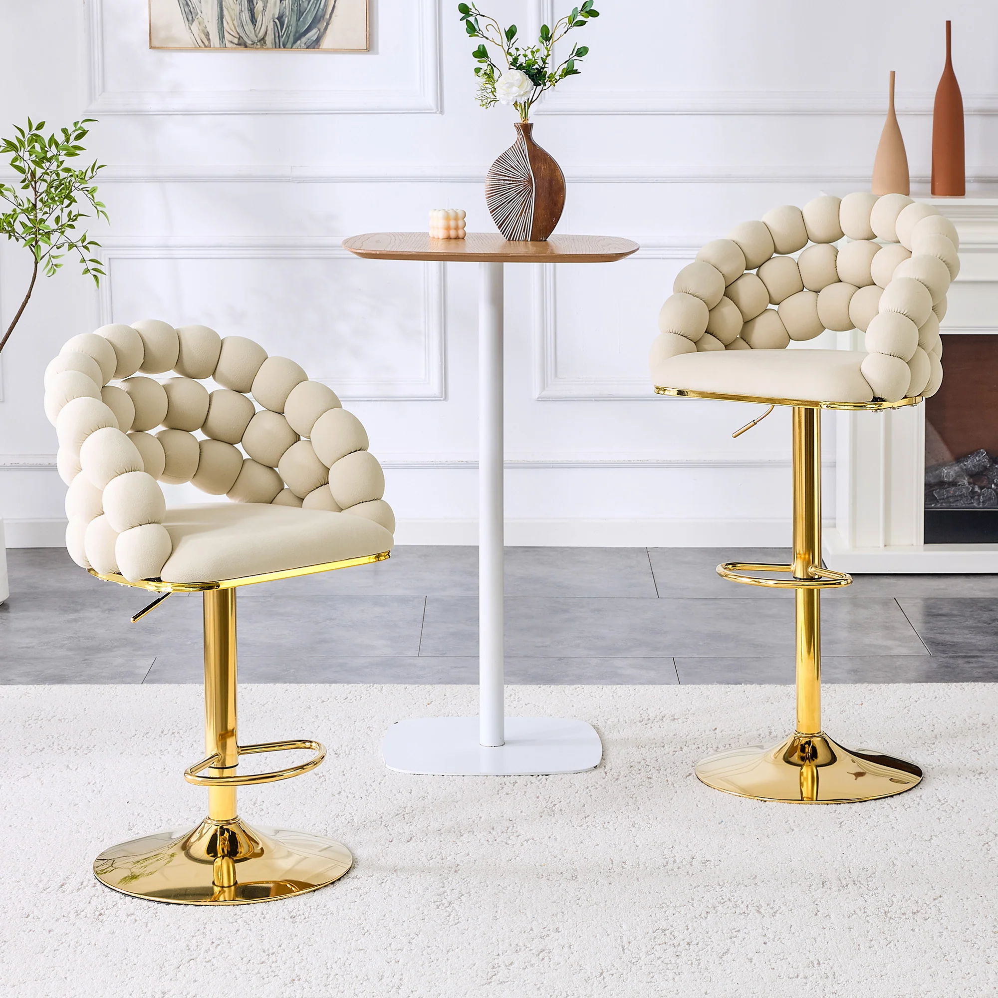 Bar Stools Set of 2 Velvet Ball Chain Backrest Adjustable Frame - Cream-White - Image 3