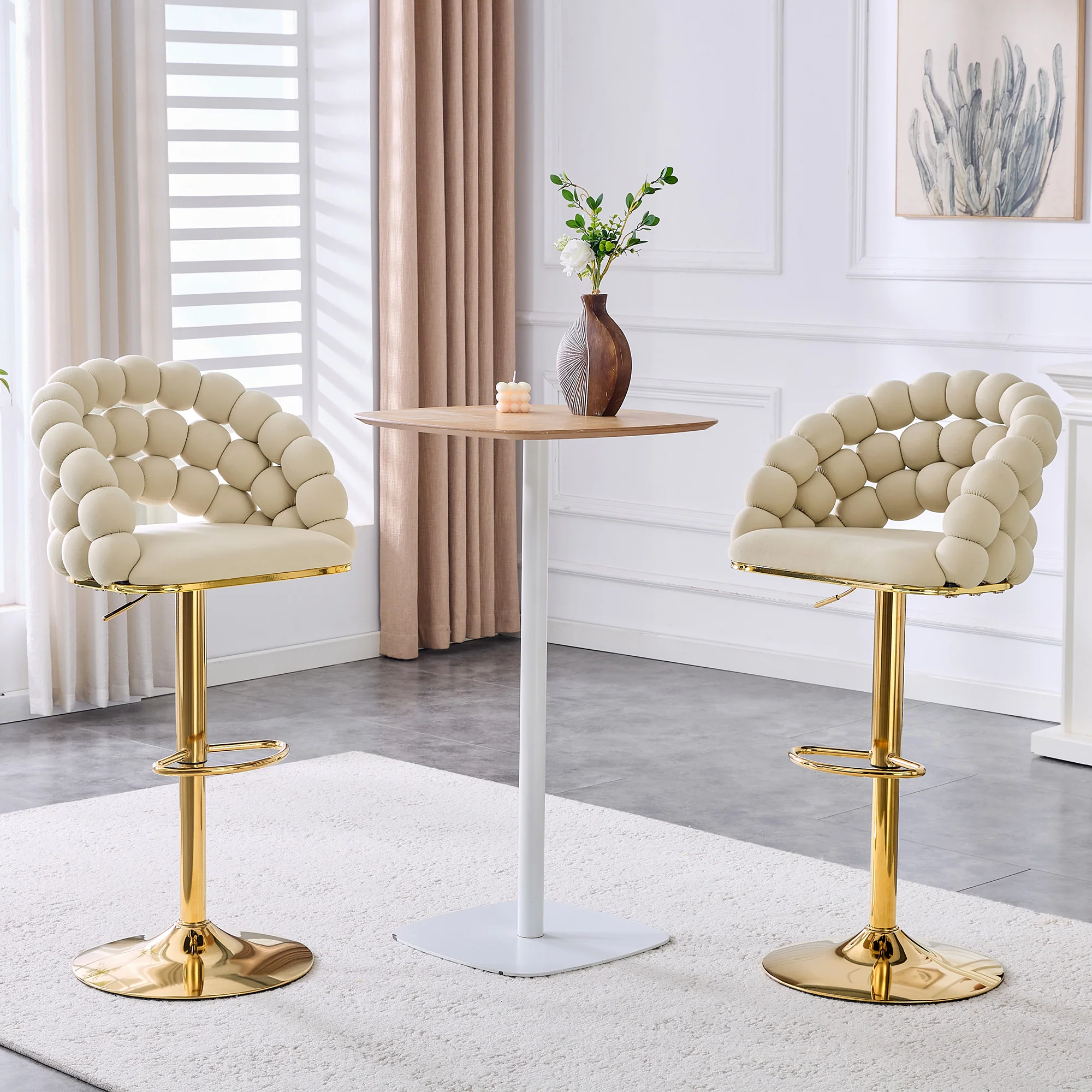 Bar Stools Set of 2 Velvet Ball Chain Backrest Adjustable Frame - Cream-White - Image 4