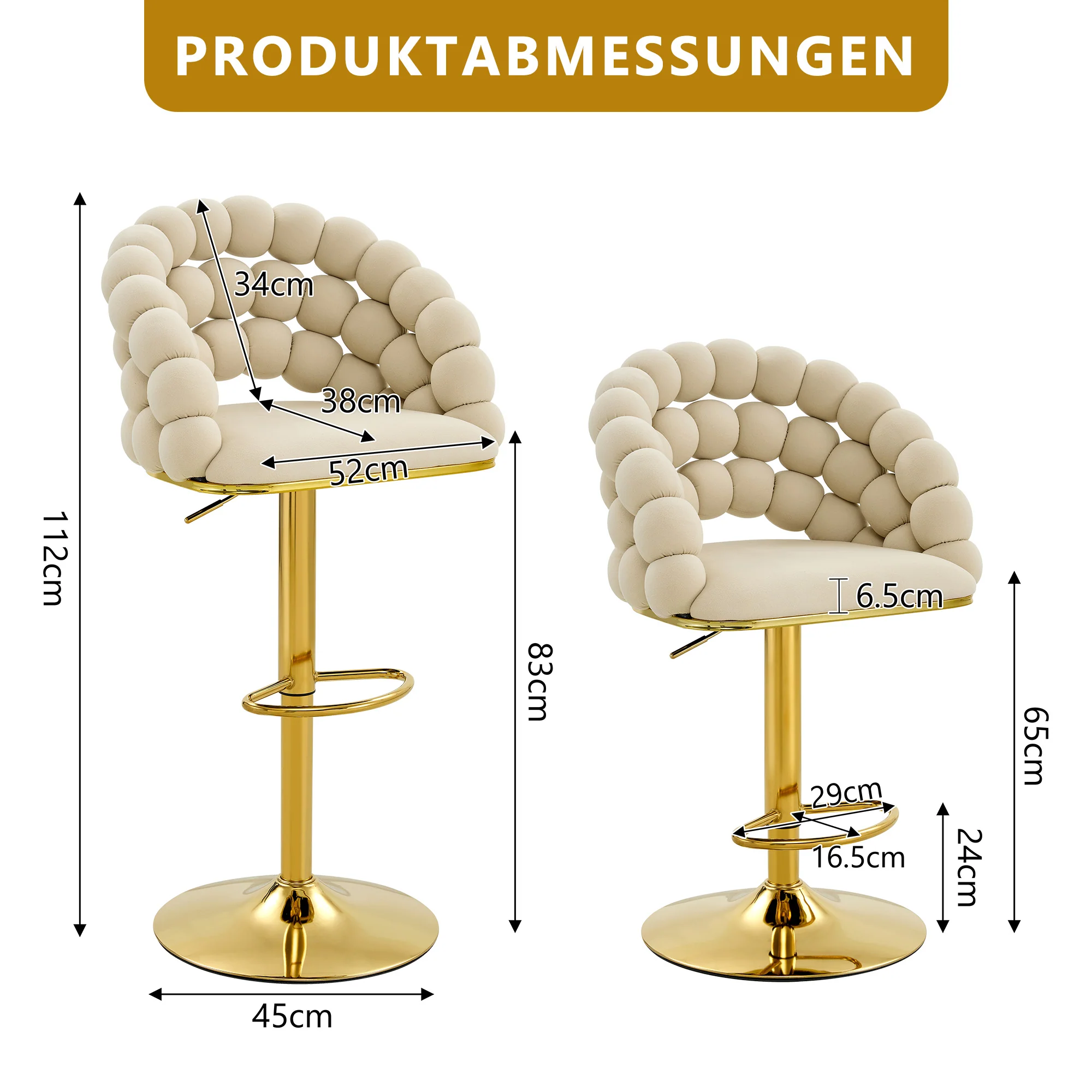 Bar Stools Set of 2 Velvet Ball Chain Backrest Adjustable Frame - Cream-White - Image 5