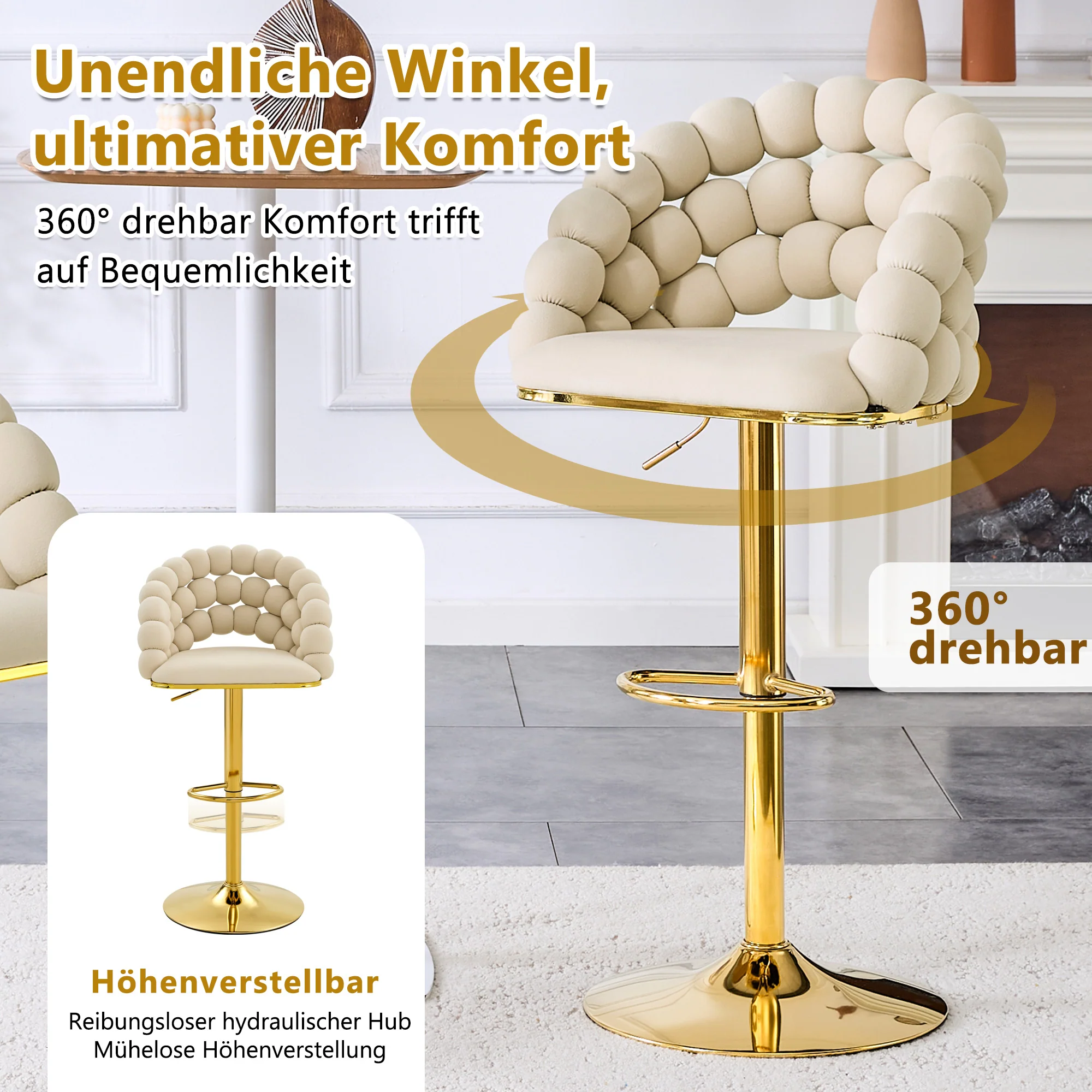 Bar Stools Set of 2 Velvet Ball Chain Backrest Adjustable Frame - Cream-White - Image 6