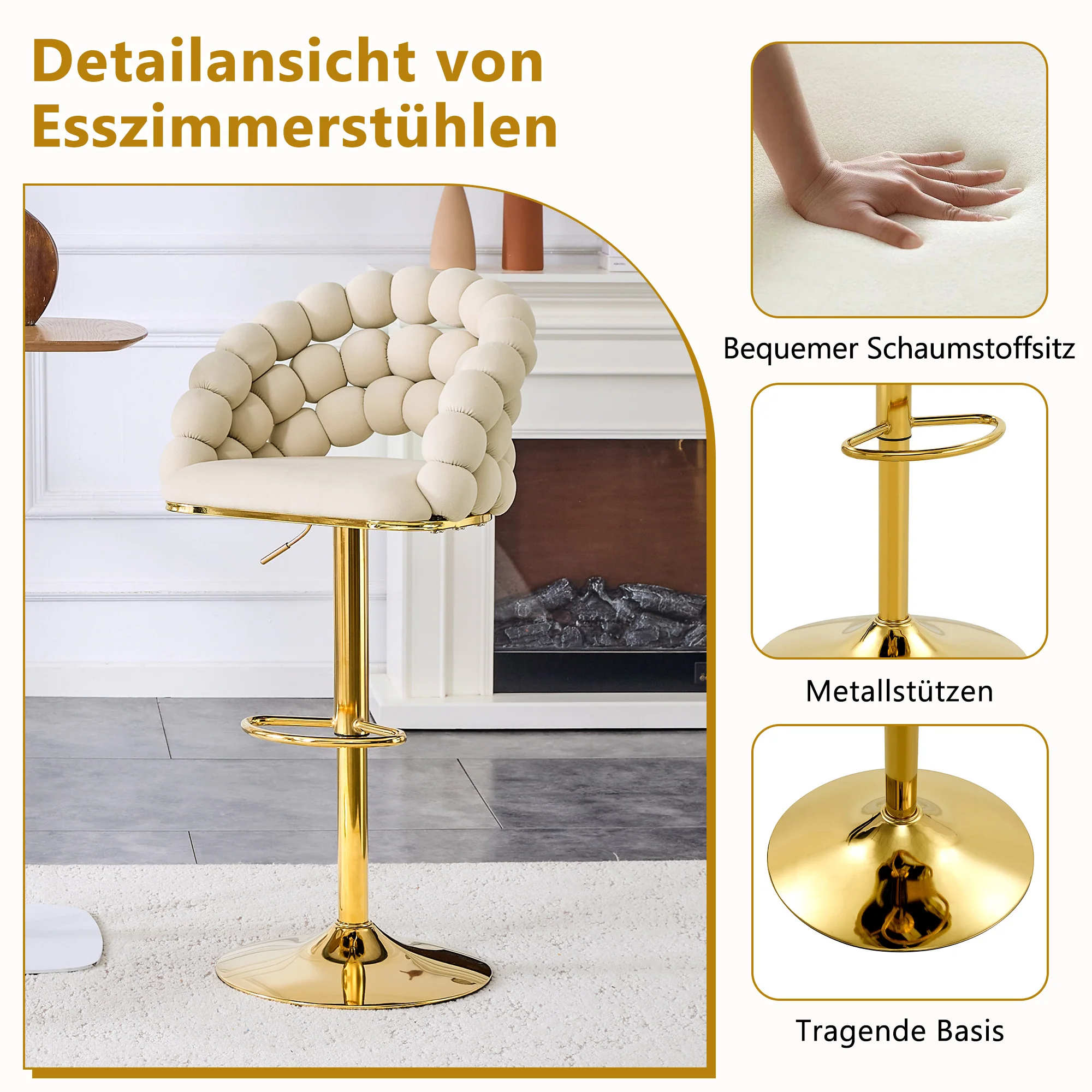 Bar Stools Set of 2 Velvet Ball Chain Backrest Adjustable Frame - Cream-White - Image 7