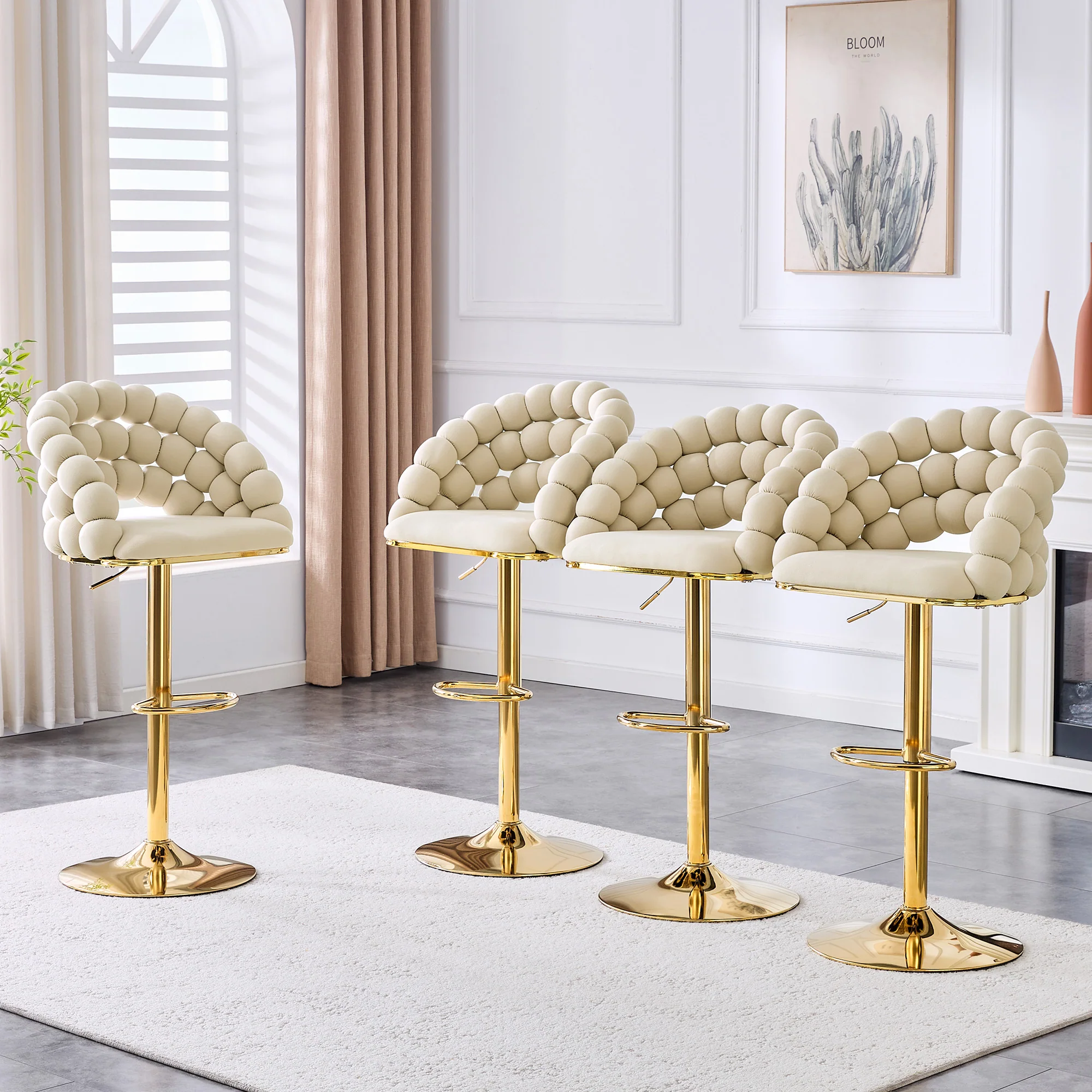 Bar Stools Set of 2 Velvet Ball Chain Backrest Adjustable Frame - Cream-White - Image 9