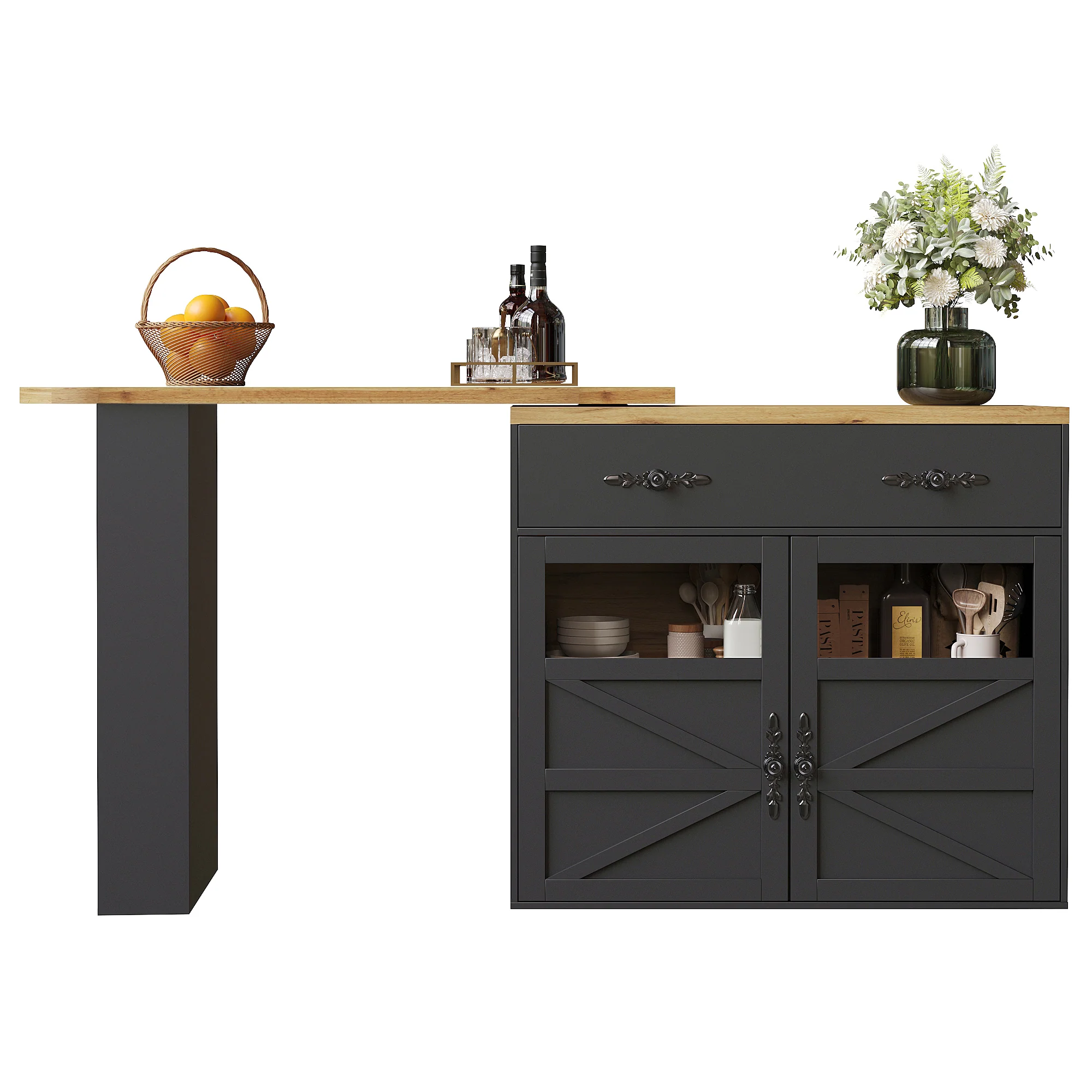 Bar Table Extendable 360° Rotating Storage Sideboard - Black - Image 10