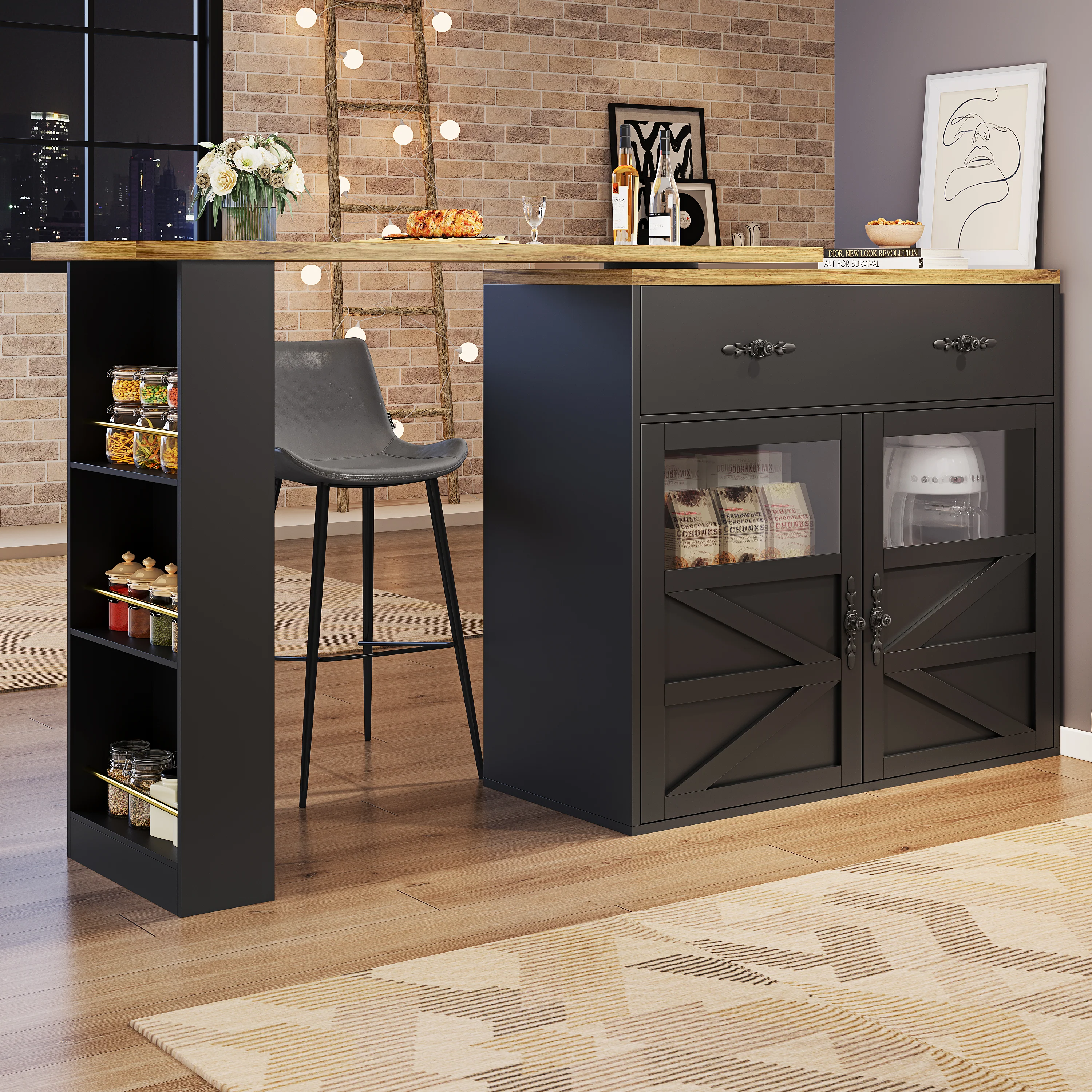 Bar Table Extendable 360° Rotating Storage Sideboard - Black - Image 2