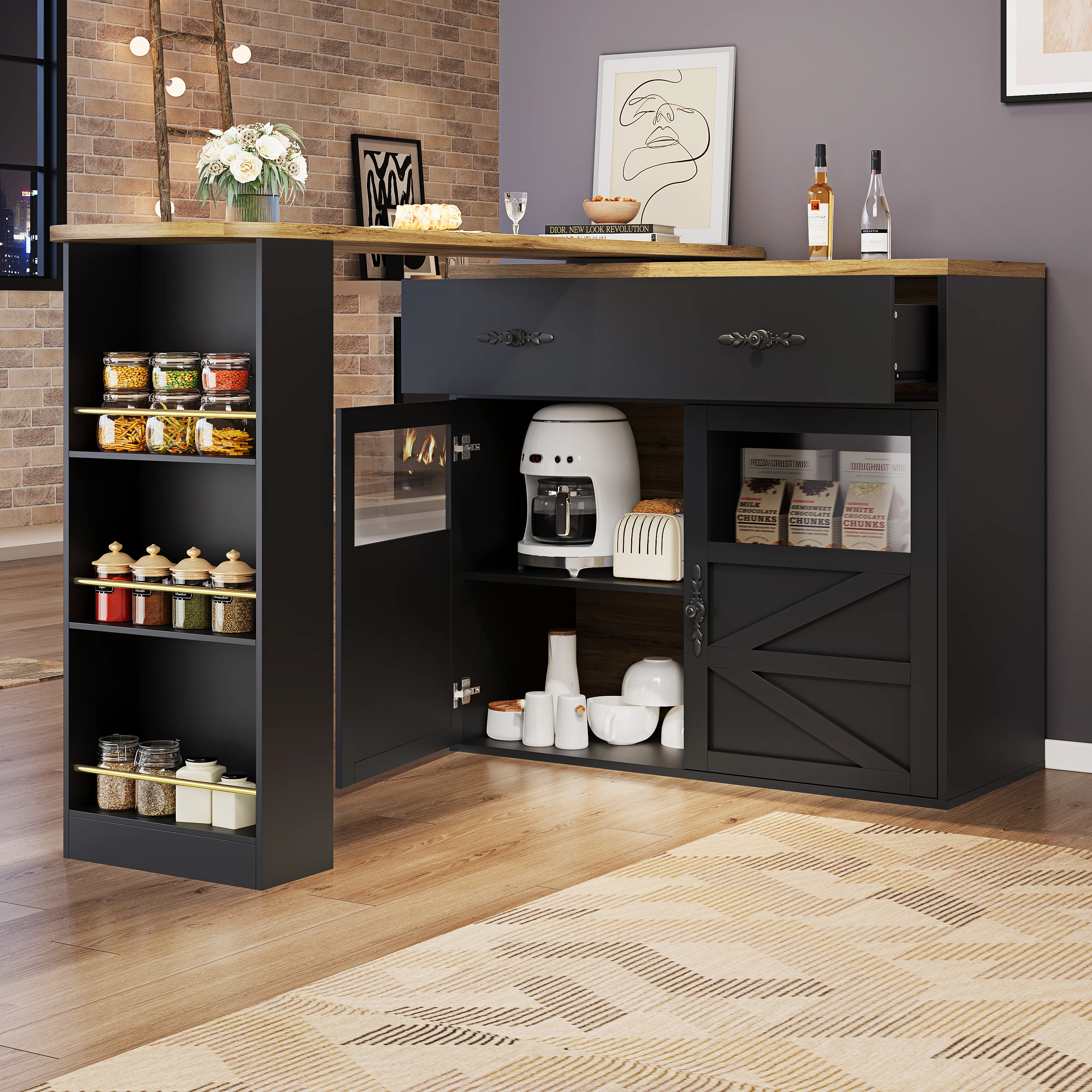 Bar Table Extendable 360° Rotating Storage Sideboard - Black - Image 3