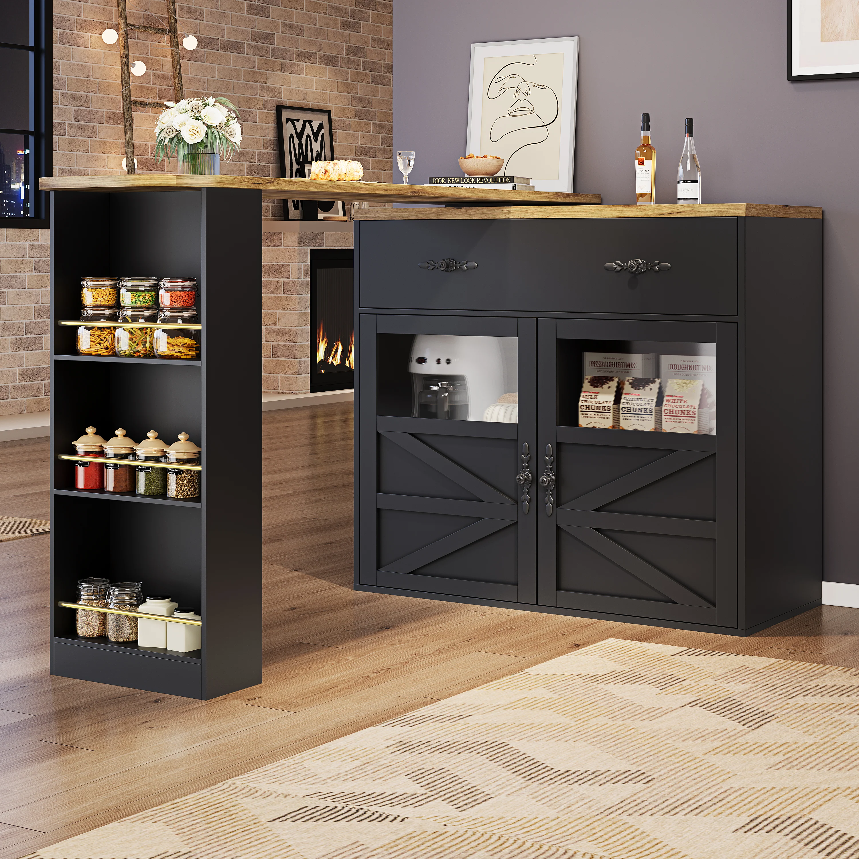 Bar Table Extendable 360° Rotating Storage Sideboard - Black - Image 4